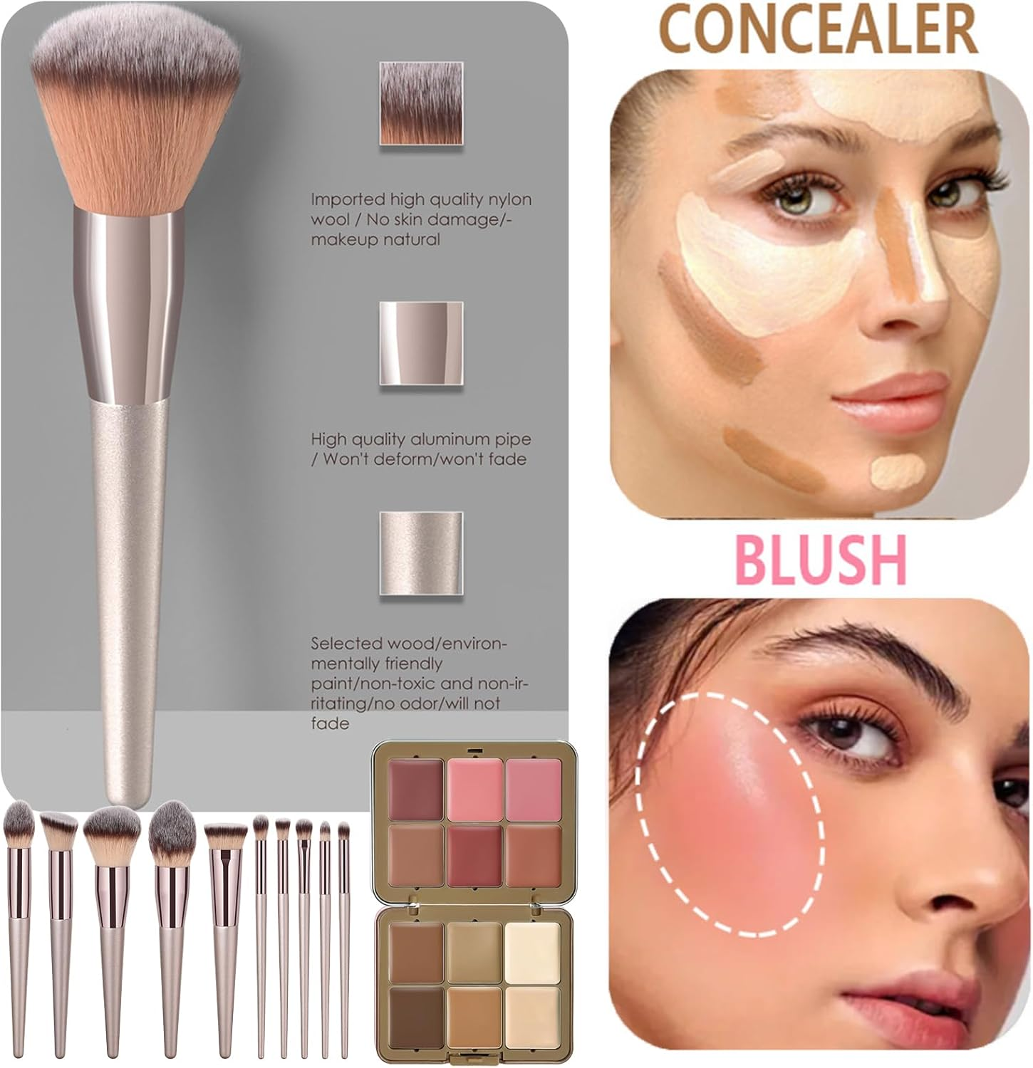 12 Colors Correcting Concealer Palette, Full Coverage Cream Contour Palette with Brush, Long Lasting Waterproof Foundation Highlighting Concealer Cream Makeup image number 2