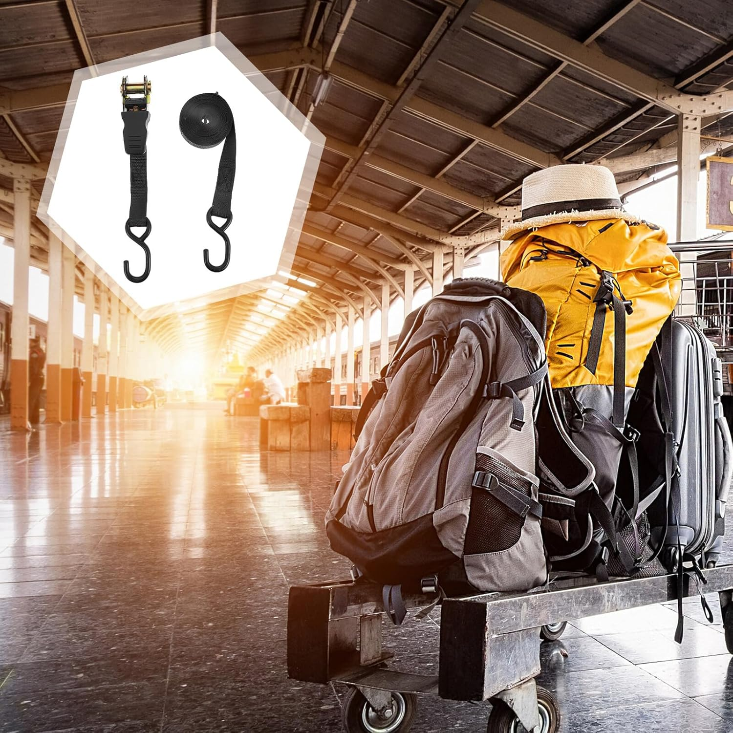 HOODANCOS Cargo Binding Straps and Truck Tie down Ratchet Set 25Mm 2Pcs Black for Car and Motorcycle Luggage Securing, Heavy Duty Travel Gear Cargo Fixing Belts