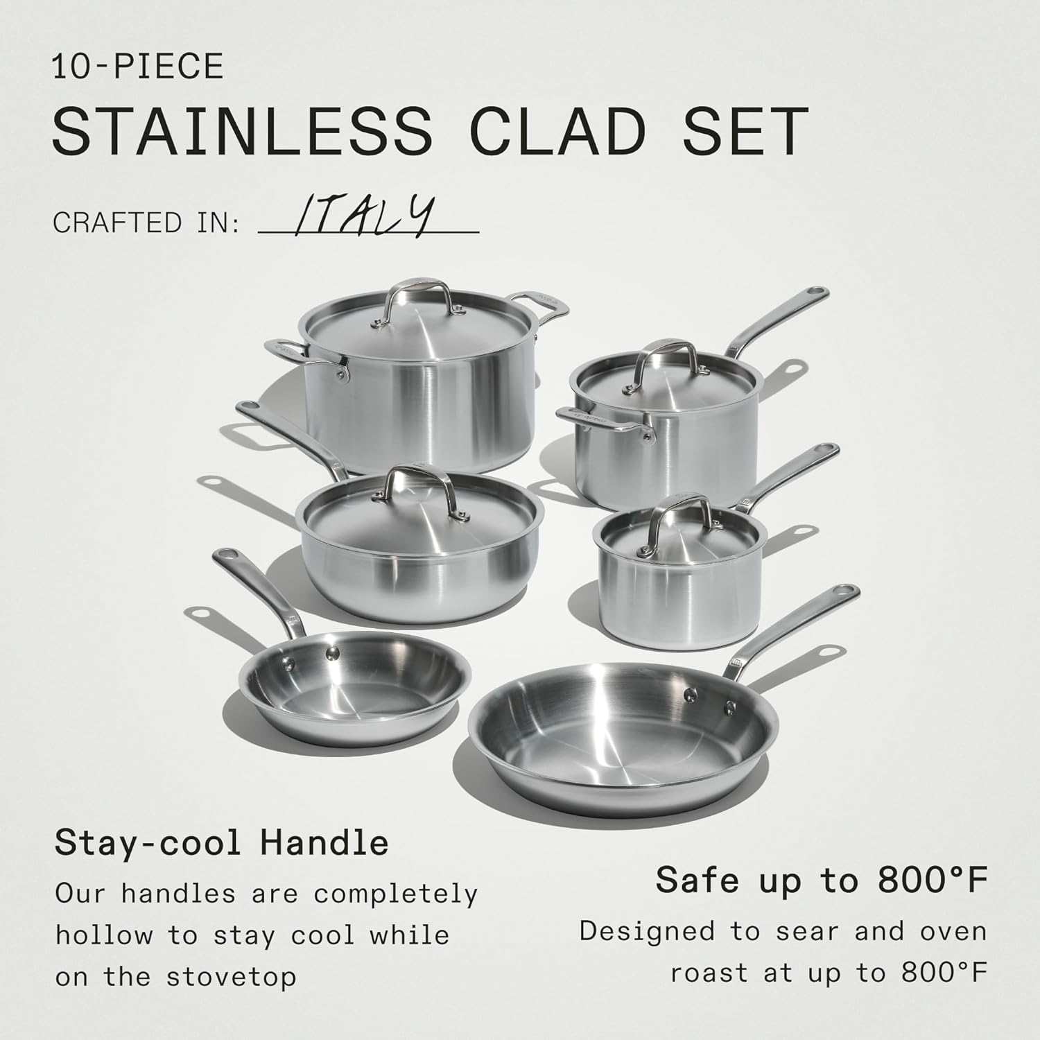 Made in Cookware - 10 Piece Stainless Steel Pot and Pan Set - 5 Ply Clad - Includes Stainless Steel Frying Pans, Saucepans, Saucier and Stock Pot W/Lid - Professional Cookware - Crafted in Italy image number 3