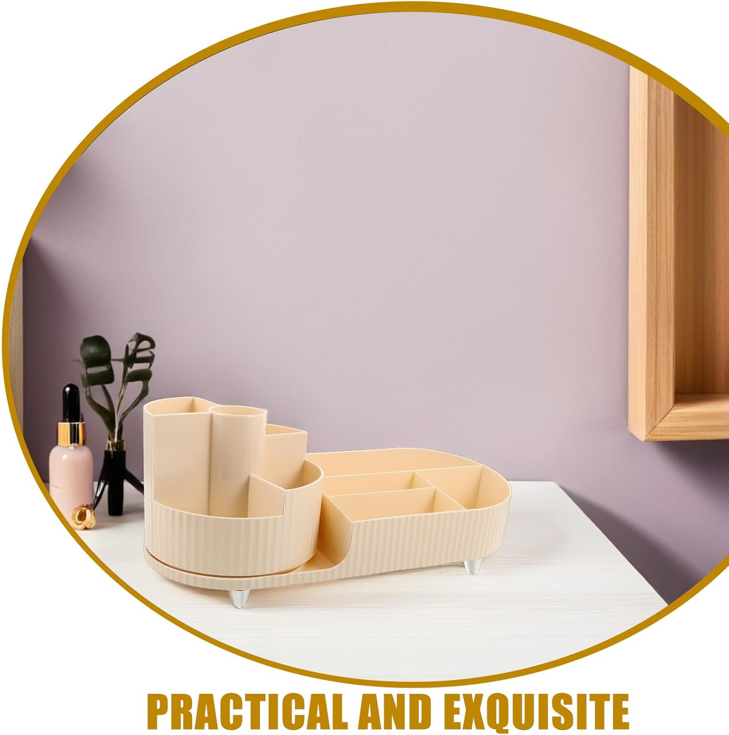 Vaguelly Rotating Desktop Makeup Storage Box 2Pcs in Cream White, Skincare and Cosmetic Organizer with Turntable Carousel for Vanity Countertop and Bathroom Use image number 3