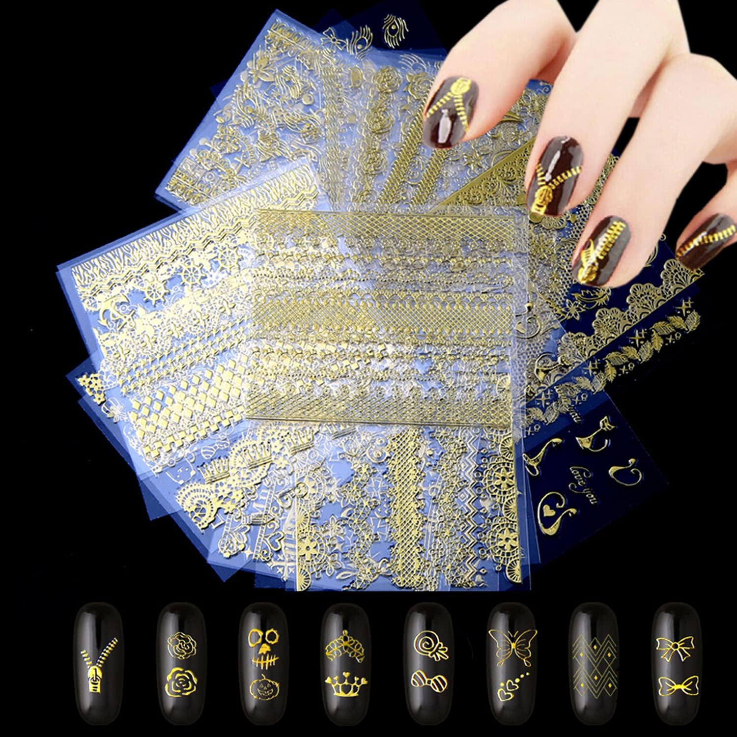 30 Sheets Gold Nail Art Stickers Nail Art Decals 3D Self-Adhesive Cat Chain Butterfly Heart Snowflakes Nail Art Designs Acrylic Nails Supplies Women Girls Manicure Tips DIY Charms Decorations image number 6