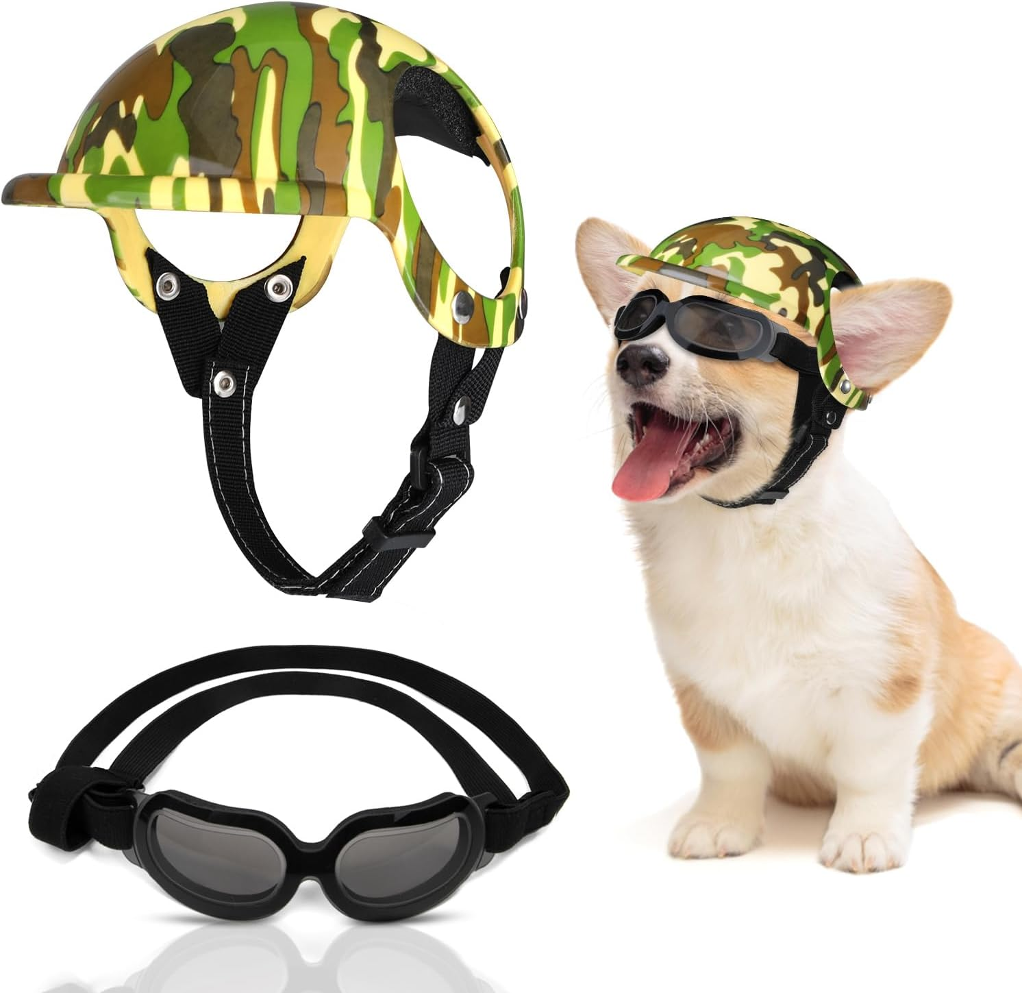 Slowton Pet Dog Helmet Goggles Set, Dust Wind UV Protection Dog Sunglasses, Pet Motorcycle Helmet Drop Resistant Hard Safety Hat with Ear Holes & Adjustable Belt, Eye Head Protection for Biking Riding