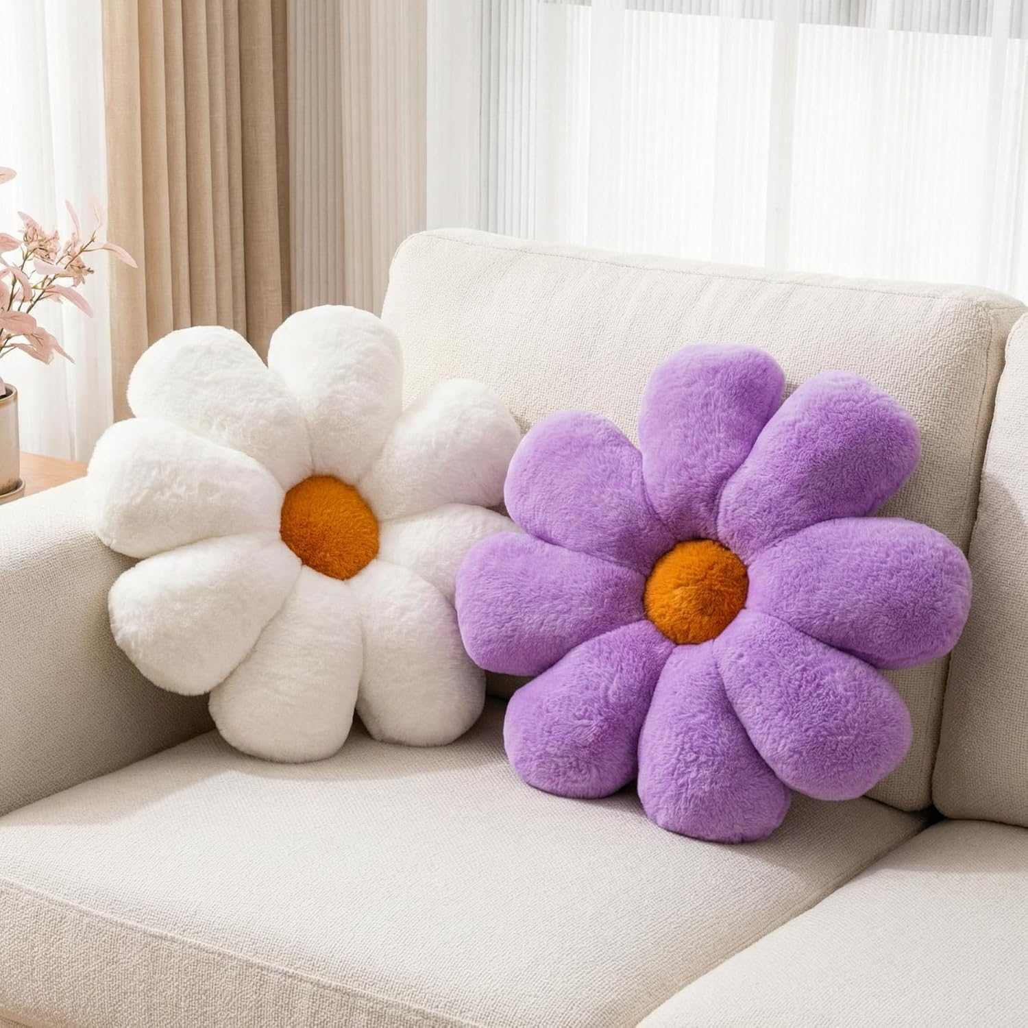 2 Pcs Flower Pillow Floor Cushion Decorative Throw Pillows Cute Aesthetic Pillows Cushions for Bedroom Preppy Room Bed Sofa Chair Decor (Yellow & White)