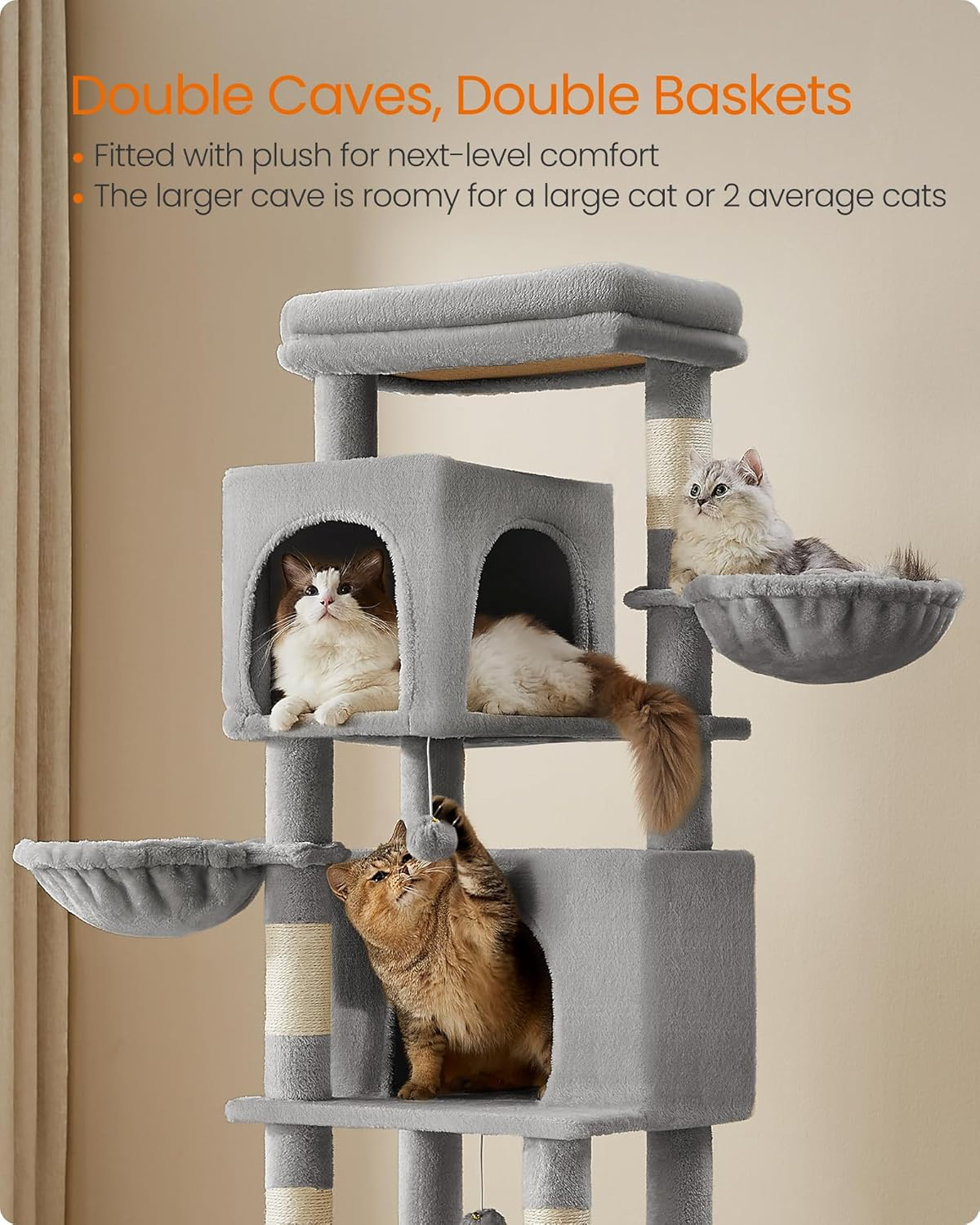 Feandrea Cat Tree, 69-Inch Tall Cat Tower for Indoor Cats, Multi-Level Cat Condo with 2 Caves, 2 Baskets, 5 Scratching Posts, Self-Groomer, Perch, Hammock, Dove Gray UPCT182G01 - Dove Gray image number 4