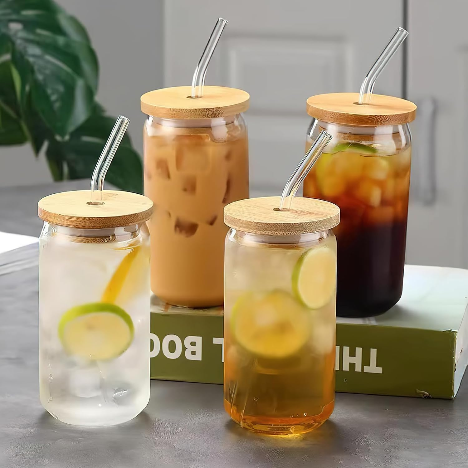 2Pcs Cup with Straw, Drinking Glasses with Bamboo Lids and Glass Straw, 17 Oz Can Shaped Glass, Smoothie Cup, Ideal for Drinks, Coffee, Cocktails, Whiskey