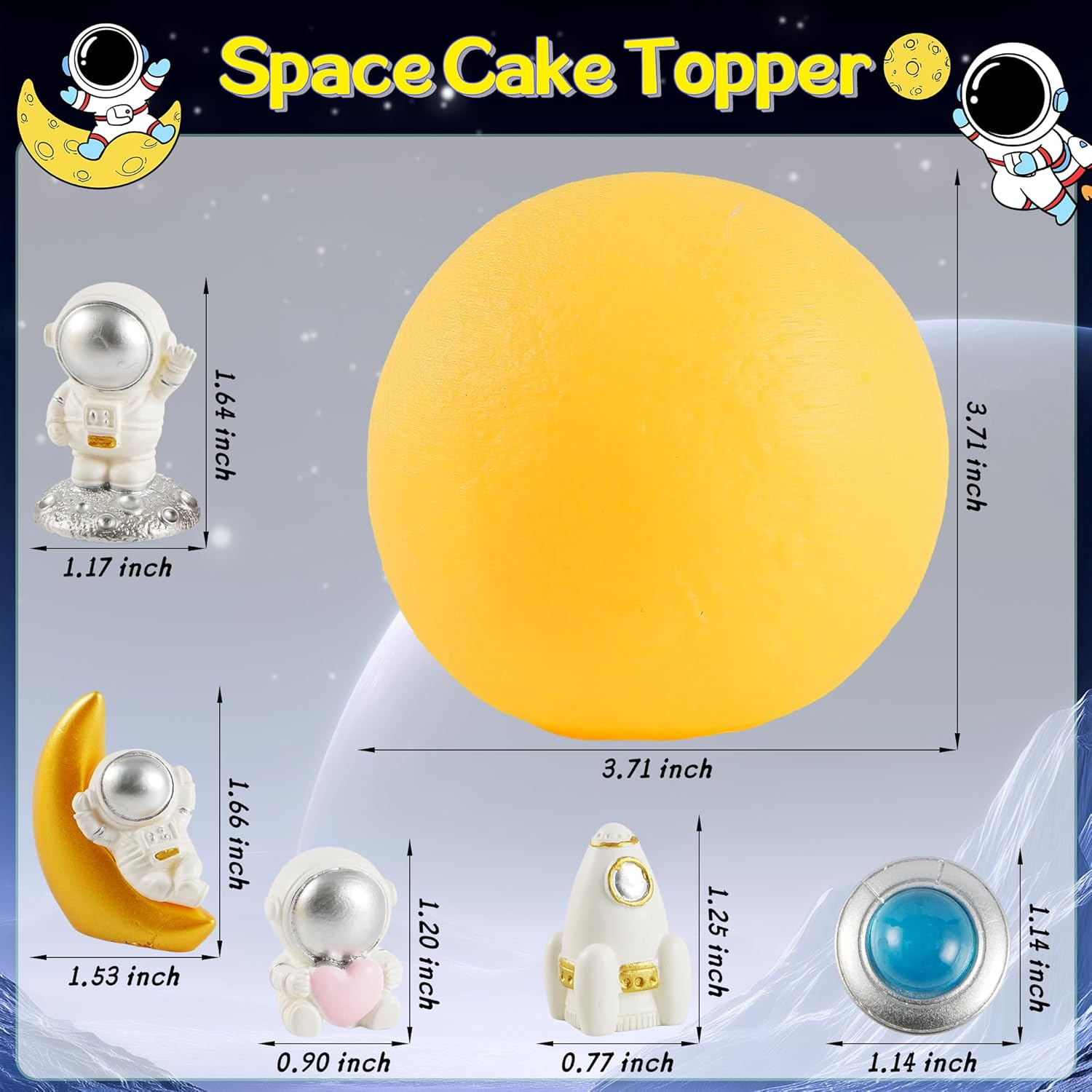 Moon Cake Topper,6Pcs Space Astronauts Diy Cake Decoration, 3D Soft Light Moon Cake Topper for Children Space-Themed Decoration Birthday Party Supplies, Cake Decoration (Yellow) - Yellow image number 6