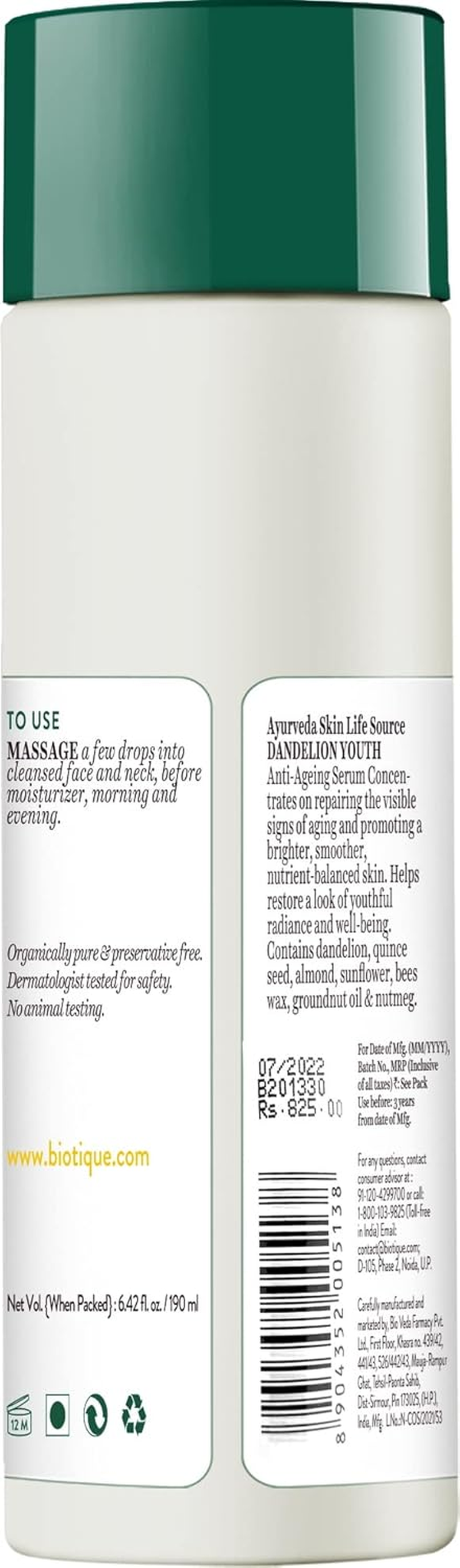 Biotique Bio Dandelion Visibly Ageless Serum, 190 Ml/6.42Oz.