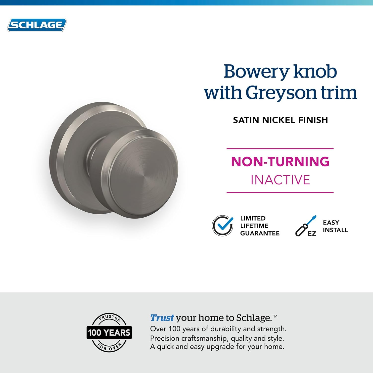 Schlage F170 BWE 619 GSN Greyson Collection Bowery Dummy Trim Knob, Satin Nickel image number 7