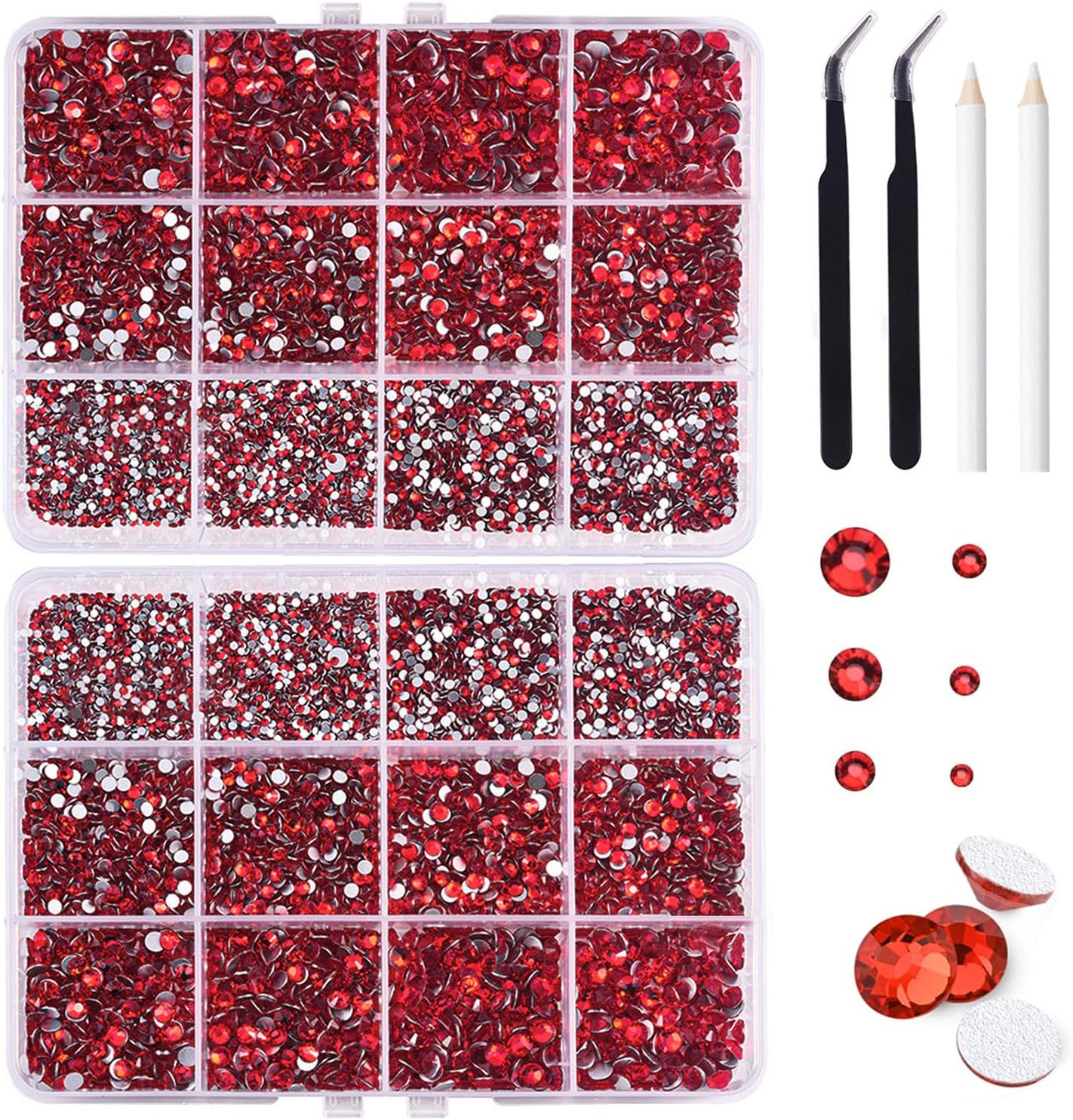 10000Pcs Rhinestone Gems Kit (2 Boxes 6 Sizes), 1.5-4.8Mm Nail Gems Flatback Rhinestone for Crafts, Red Rhinestones with Picking Pen and Tweezers for Crafts Decoration and Jewelry Making image number 1