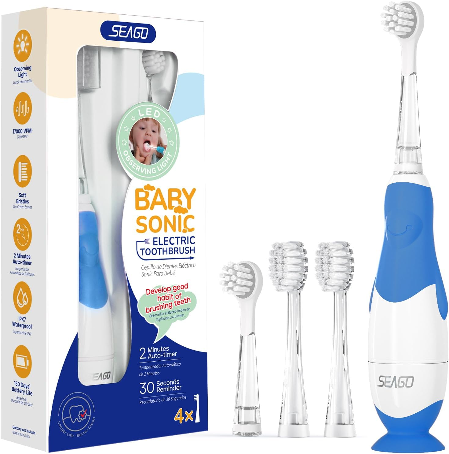 SEAGO Kids Electric Toothbrushes for Baby 0-3 Years, Toddler Toothbrush with Smart Timer and Suction Base, 4 Replacement Brush Heads, LED Observing Light SG-513 (Blue)