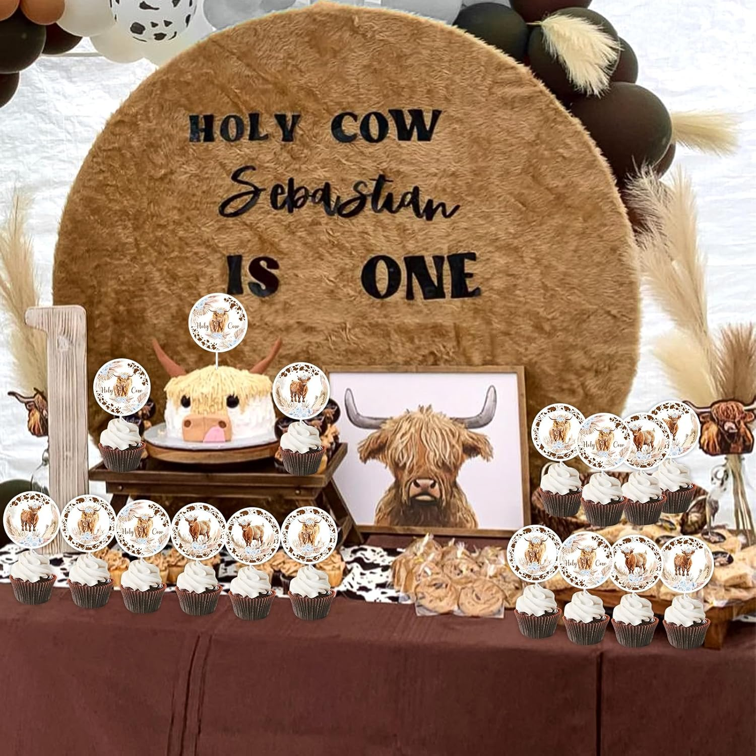 36Pcs Highland Cow Cupcake Toppers Blue for Boys Highland Cow Baby Shower Decorations, Highland Cow Birthday Party Supplies image number 1