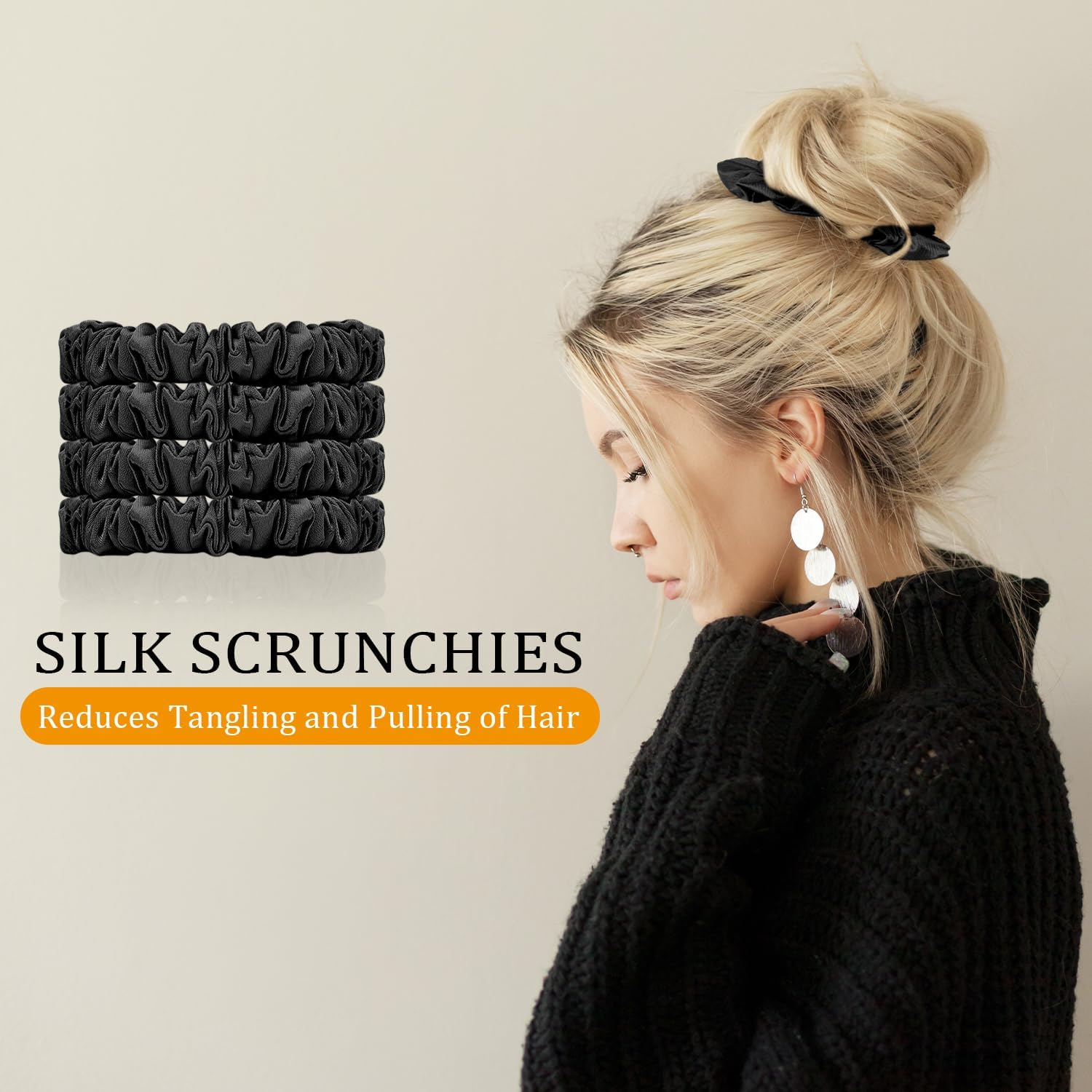 4 Pcs Silk Scrunchies | Silk Hair Ties | Satin Scrunchies | Elastic Hair Bands | Hair Bobbles | Hair Scrunchies for Women | Hair Ties No Damage | 4 Pcs Black Hair Ties image number 3