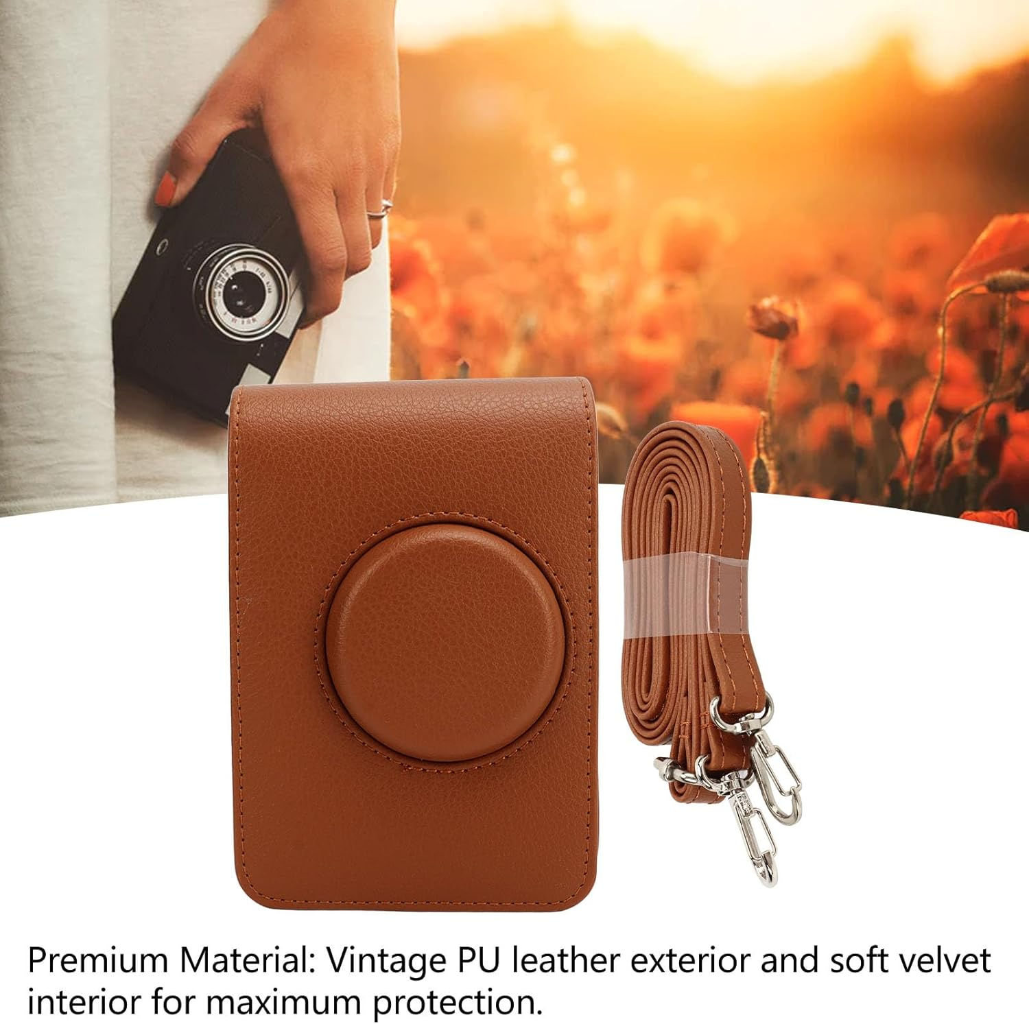 For Mini EVO Case, Retro PU Leather Camera Bag Case Cover Camera Carrying Bag with Adjustable Strap, Protective Camera Case for Mini EVO (Brown) image number 3