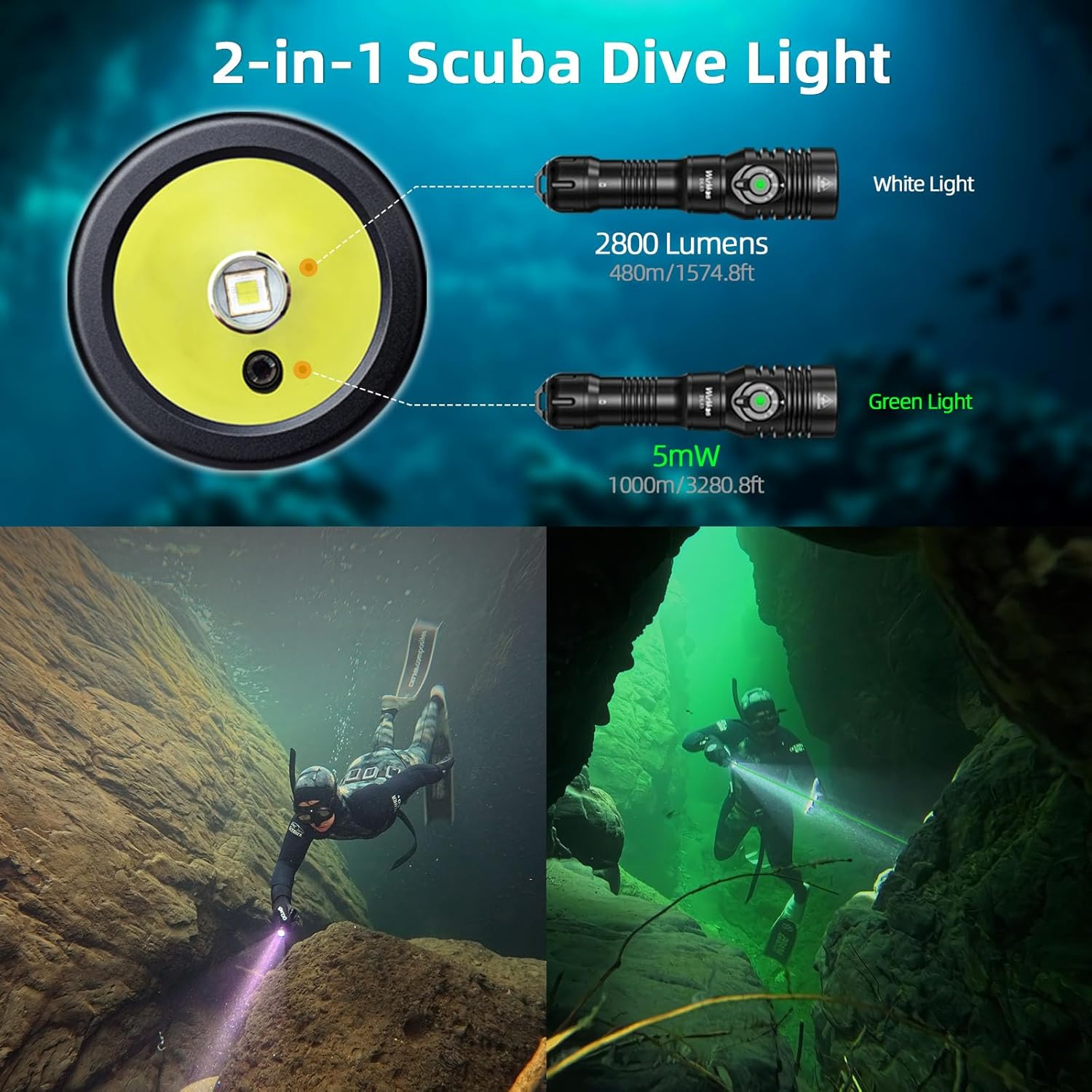 Wurkkos DL03 Dive Light 2800 Lumens 2-In-1 Scuba Diving Signal Light 1000M Green Beam and White LED Combo Underwater Flashlight,Rechargeable Flashlight IPX-8 Waterproof Submersible Flashlight image number 5