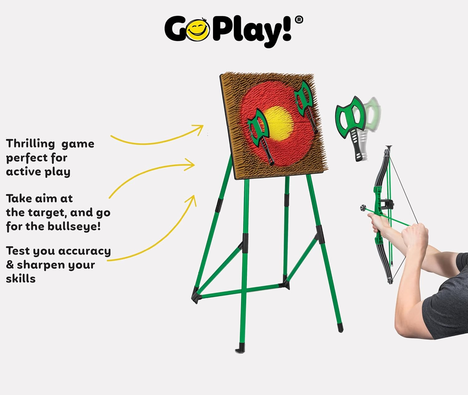 Go Play! 2 in 1 Axe Throw and Archery Set Game. Family Friendly Fun, Lightweight & Easy to Set Up, Suitable for Ages 8 +