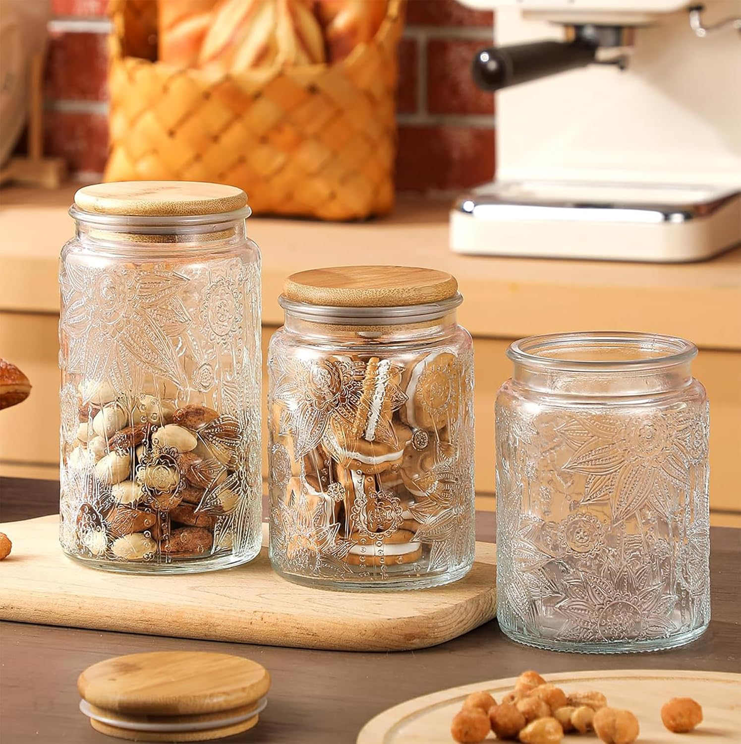 Glass Storage Jars with Airtight Lid, 35Oz Canister for Kitchen Counter with Bamboo Lid, Brown Sugar, Candy, Coffee, Cookie, Salt, Tea,Pantry Cute Jar image number 5