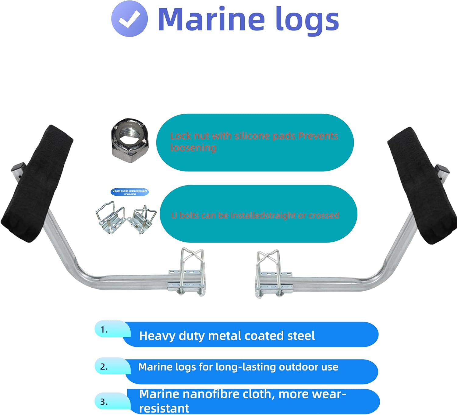Boat Trailer Guides 2-4 Foot Bunk Boards Kit - 24 Inch Carpeted Guide on Tilting Side Bunks for High Beam, Box or C-Channel Trailers with Mounting Frames and Hardware