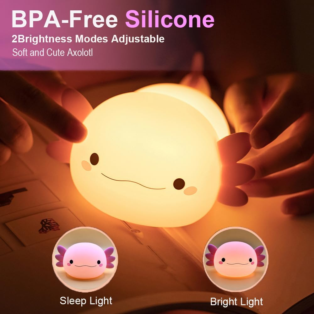 Magical JD Axolotl Night Light for Kids Bedroom, Animal Silicone Nursery Night Lamp Touch Dinosaurs Nightlights USB Rechargeable Bedside Lamp for Baby Children Toddlers Girls Gift (Pink Axolotl) - White Ghost image number 4