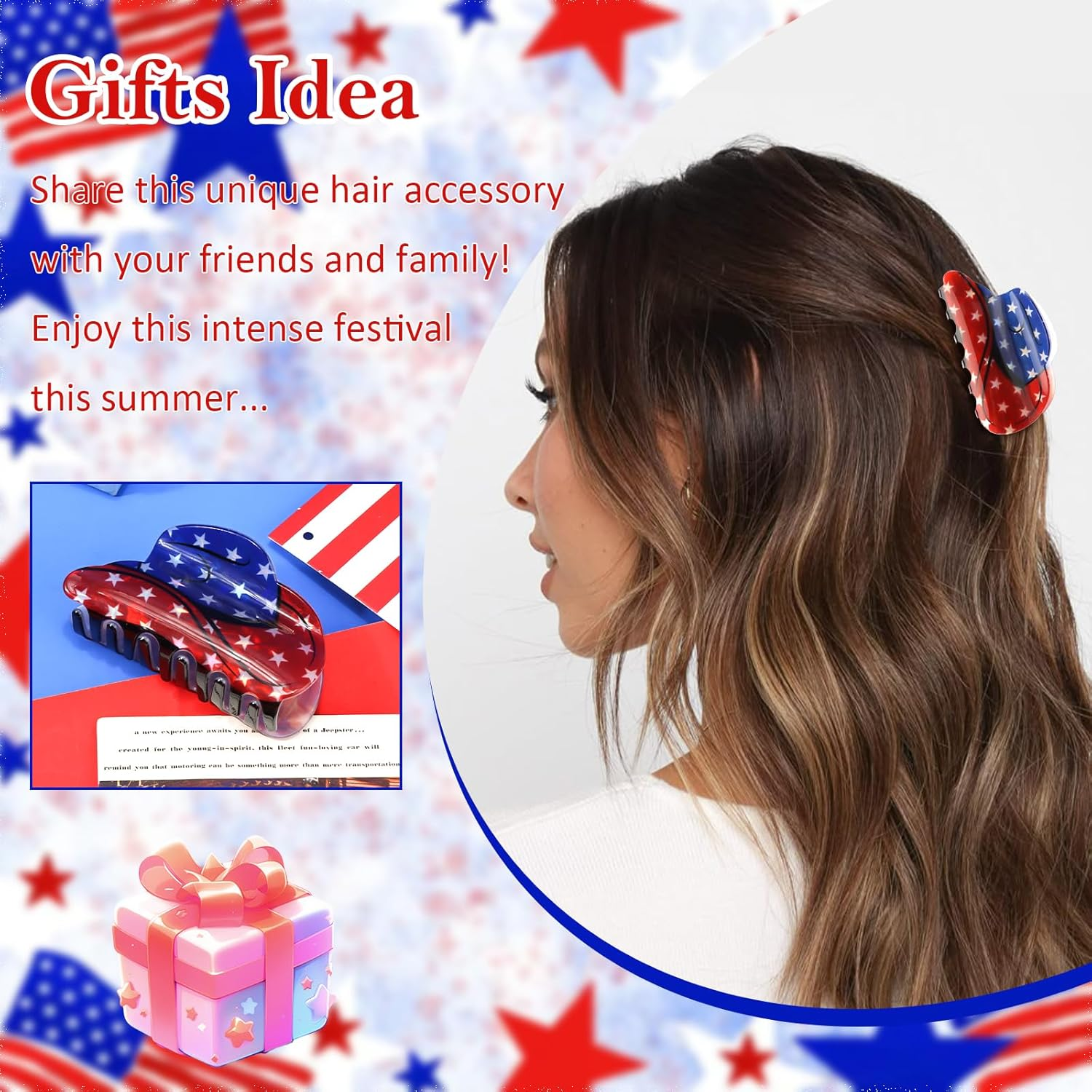 4Th of July Hair Accessories for Women Girls, Hapdoo American Flag Claw Clips Blue Red White Stars, Independence Patriotic Hair Clip Western Cowboy Hat Shaped image number 6