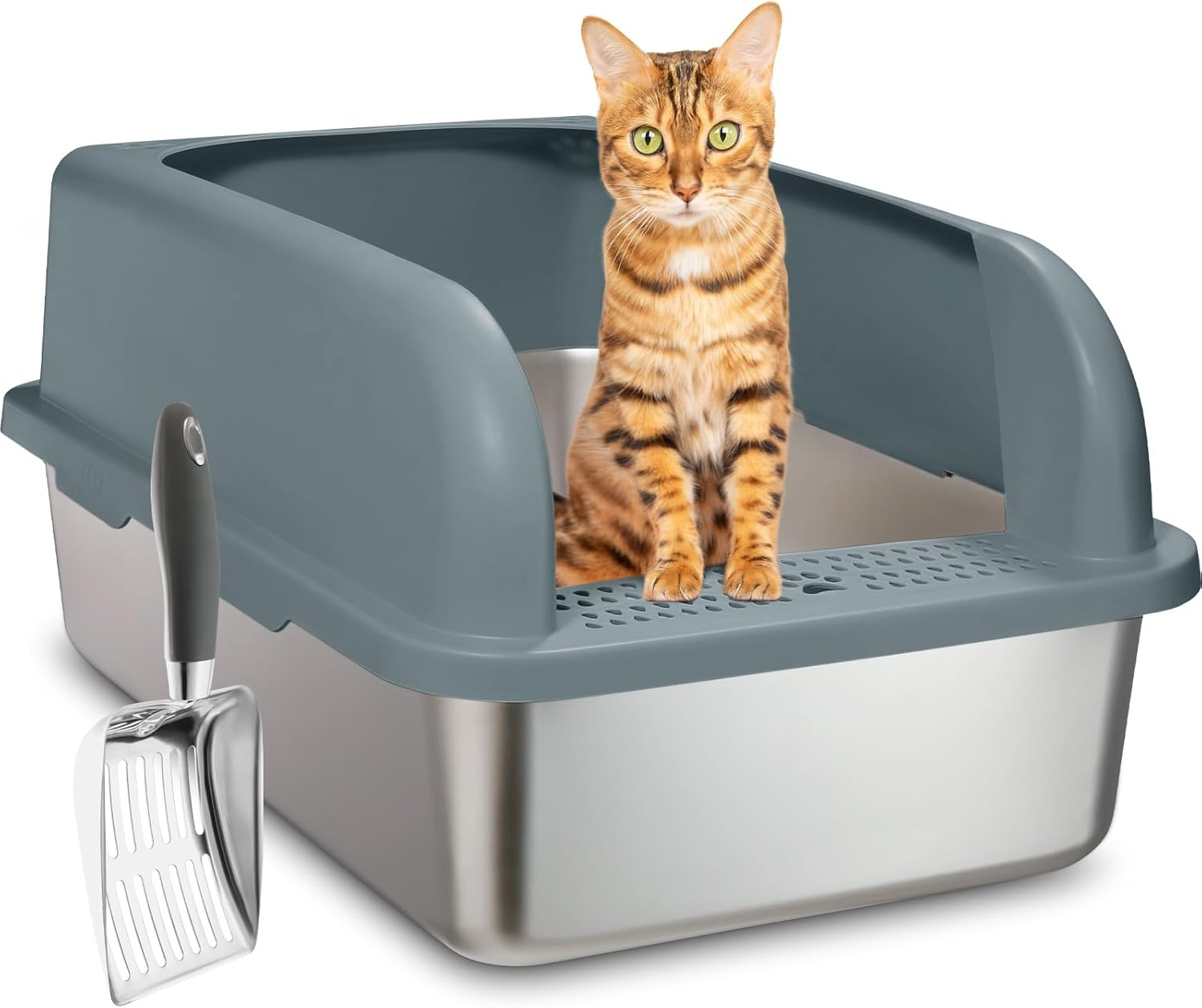Upgraded Enclosed Stainless Steel Cat Litter Box, High Sided XXL Extra Large Litter Box for Big & Multiple Cats, Easy Cleaning High Wall Side Covered Litter Box with Scoop