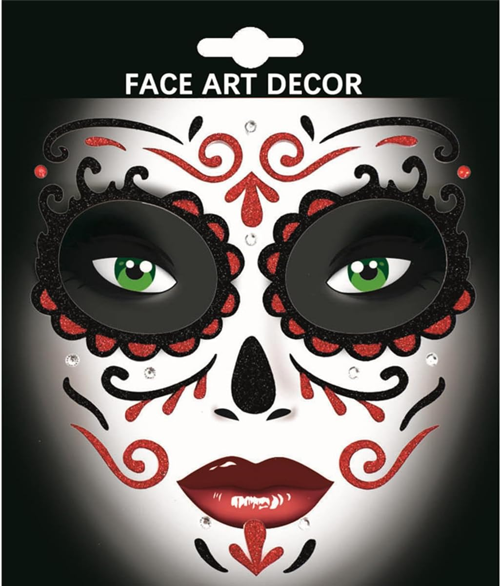 Day of the Dead Face Gems Jewels Self Adhesive Face Glitter Sugar Skull Costume Makeup Festival Rhinestone Stickers Temporary Tattoos Jewelry for Women/Men/Adults - Scary_Red image number 5