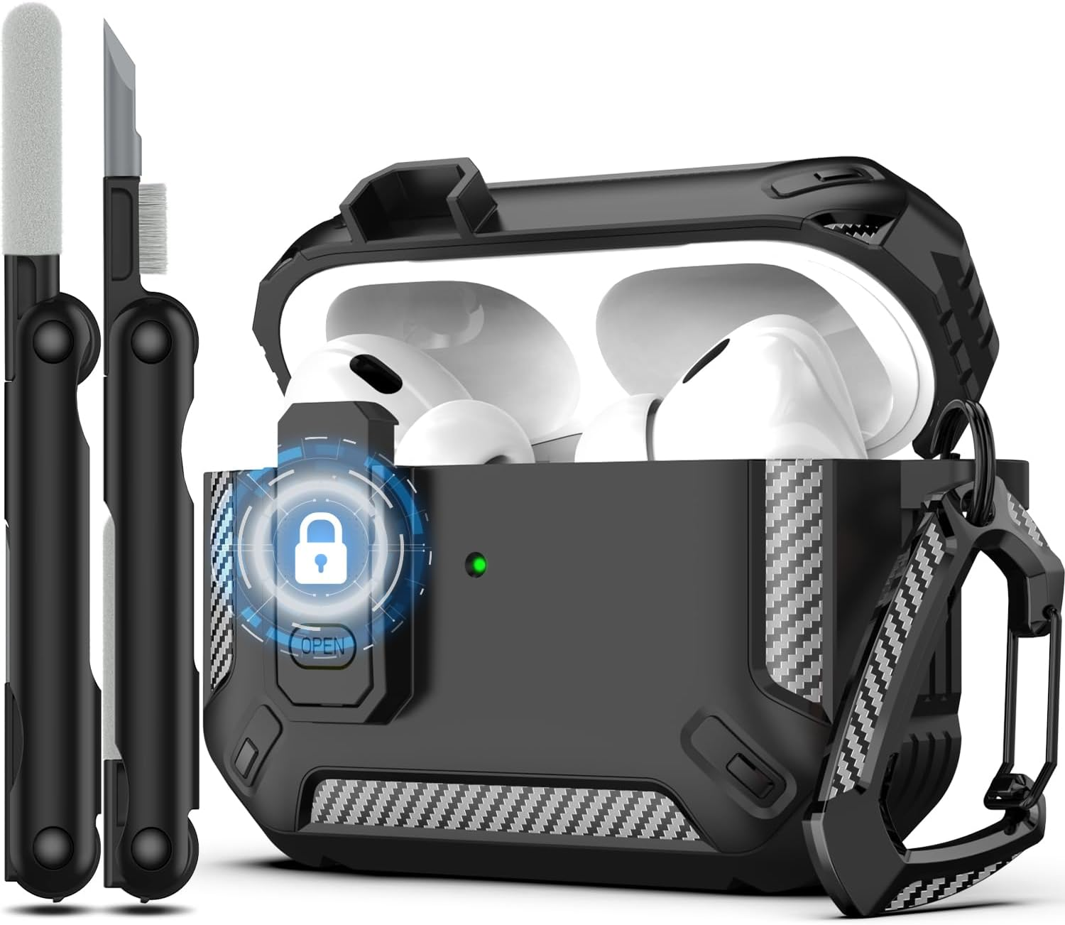 MHYALUDO for Airpods Pro 2Nd Gen Protective Case with Cleaning Kit, Military Hard Case with Lock for Airpod Gen 2 Charging Case 2023, 2022, Black image number 4