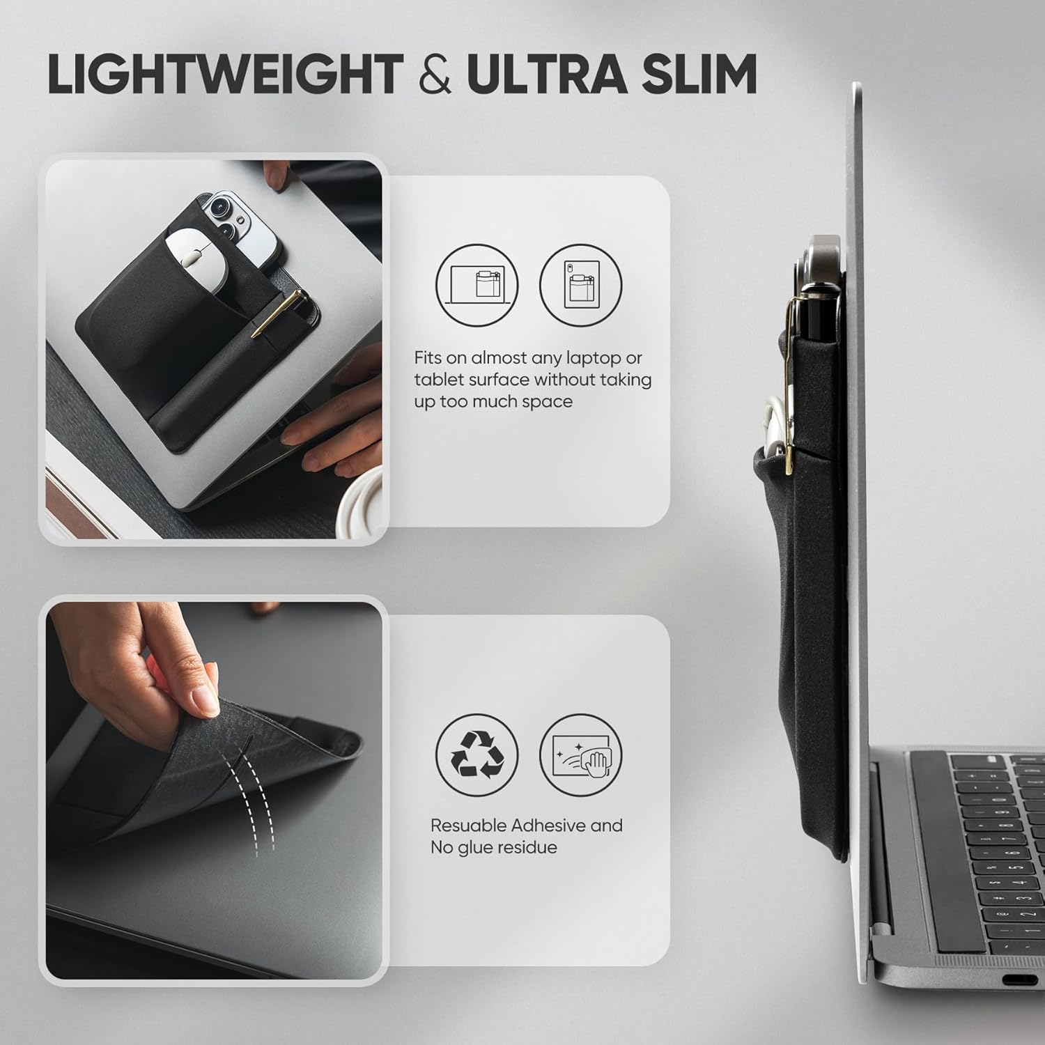 VULKIT 2-Pocket Pouch Holder for Laptop Reusable Adhesive External Hard Drive Carrying Case - Travel Pocket Pouch for External Portable SSD, Magic Mouse, USB Cable and More image number 4