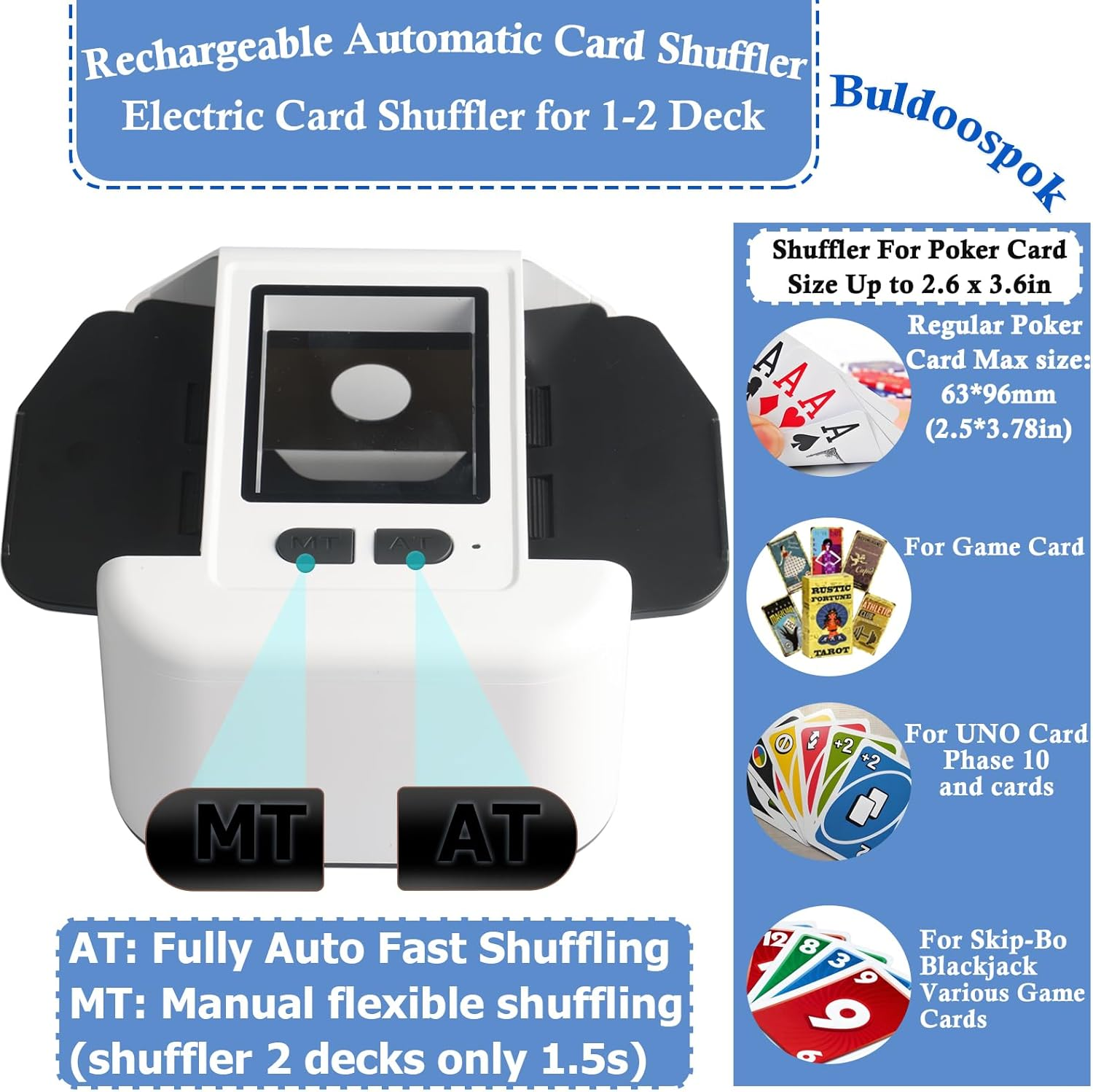 Buldoospok Quiet Automatic Card Shuffler 1-2 Deck, 2000 Mah USB-C Rechargeable Electronic Card Shuffler, One-Press AUTO and Manual Card Shuffle Machine for UNO Poker Blackjack Skip-Bo Phase 10 image number 4