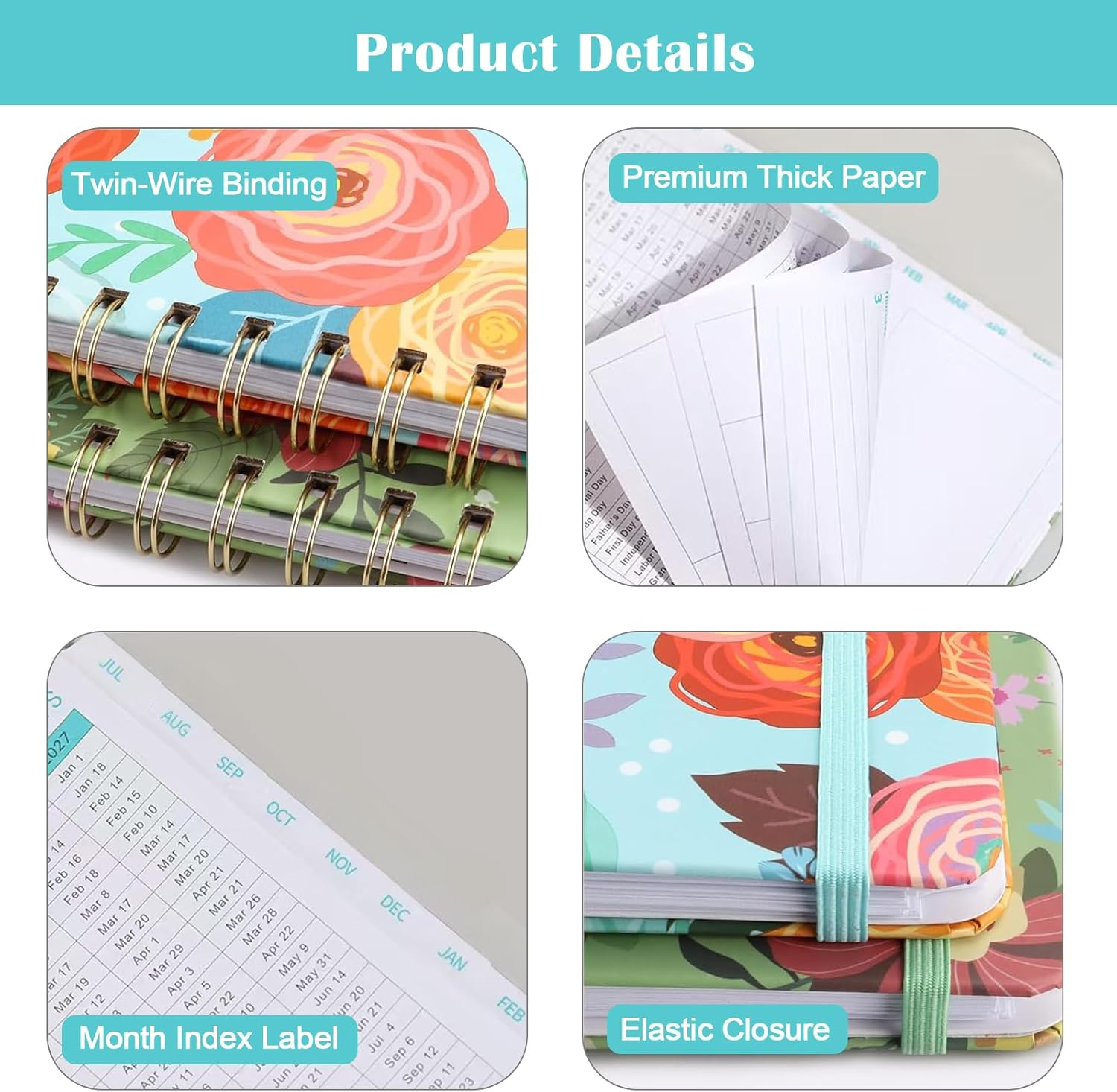 Lejapwat 2025 Planner with Monthly Tabs, Weekly and Monthly Diary Notebook, A5 Hardcover Planner with Inner Pocket from July 2025-June 2026 (Colorful Roses)