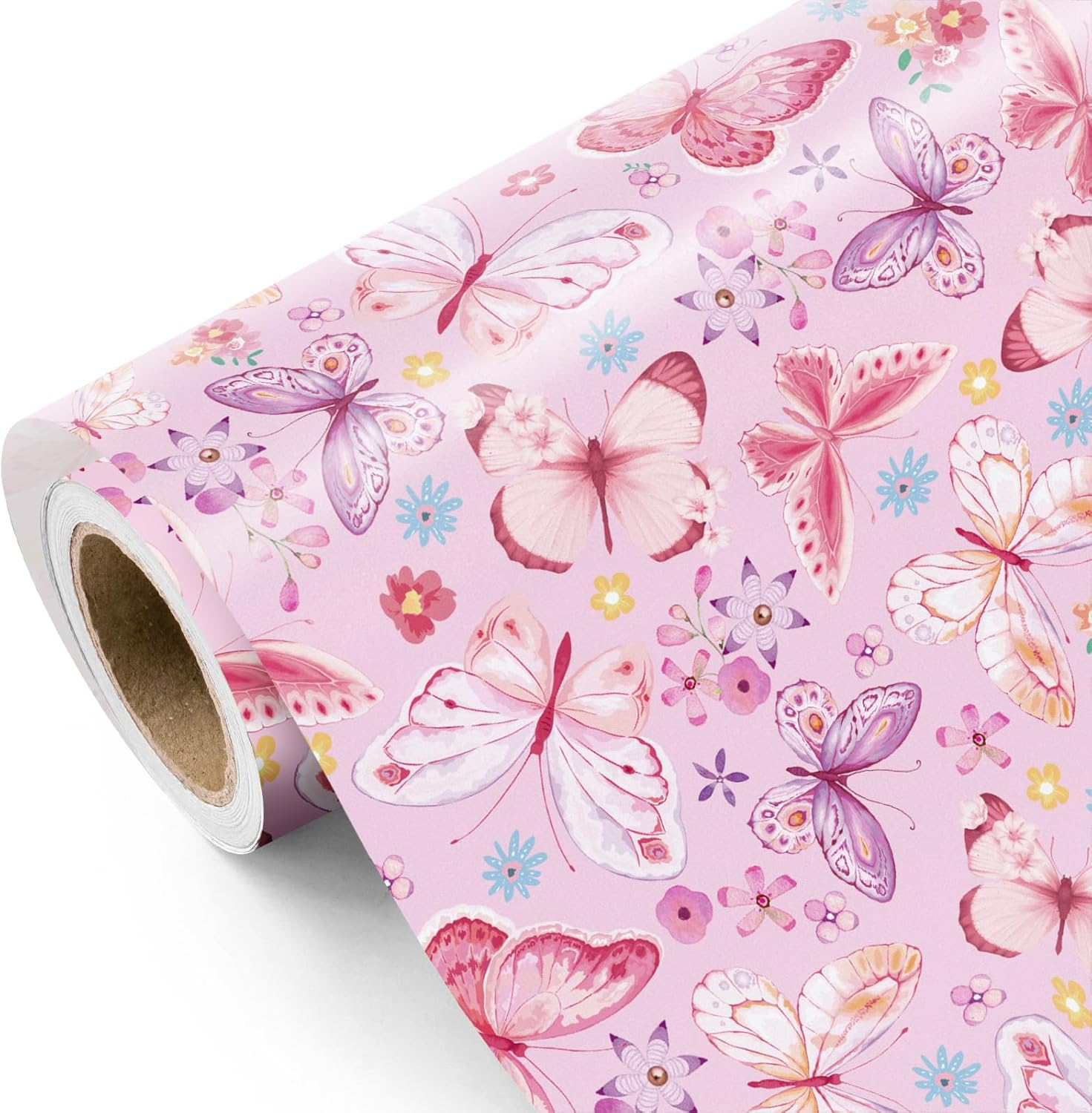 WRAPAHOLIC Pink Butterfly Wrapping Paper Roll - Mini Roll - 17 Inch X 33 Feet - Fantasy Butterfly Design, Perfect for Birthday, Wedding, Bridal Shower