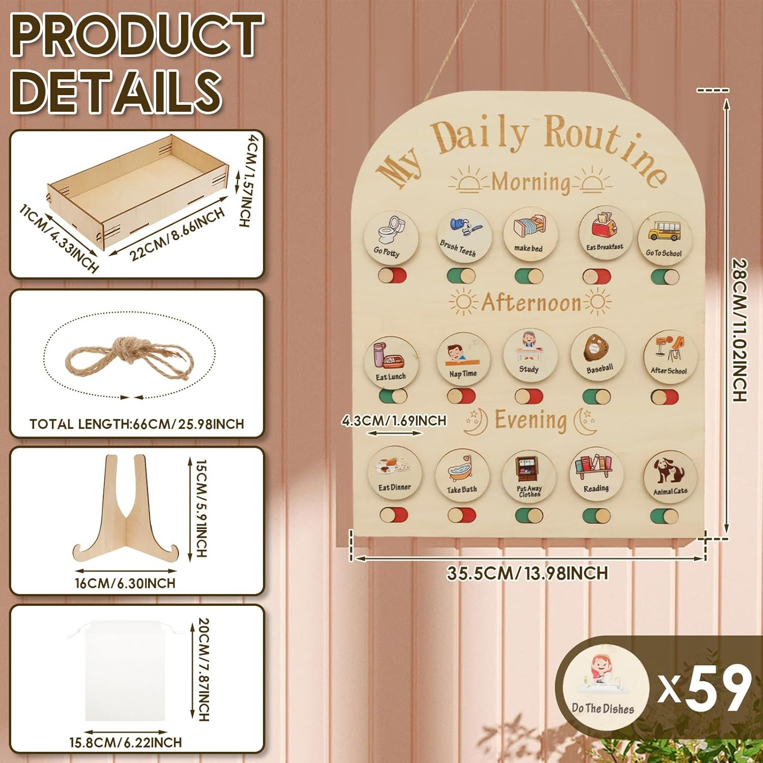 Wood Daily Routine Chart, Time Management Kid Visual Schedule, Slide Change Wood Chore Chart, Learning Materials Daily Schedule Board for Home, Exercise Learning for Children