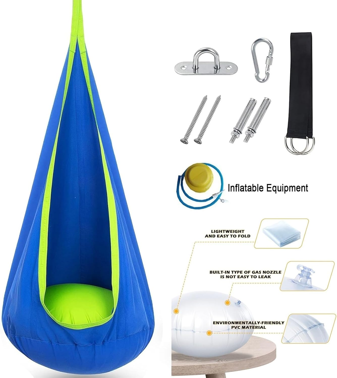 Sensory Swing, Kids Pod Swing Seat, 100% Cotton Child Hanging Hammock Chair for Indoor Outdoor with Inflatable Pillow and All Accessories, Rope Hanging Swing Seat Nest, Max 150Lbs(Light Blue) image number 5