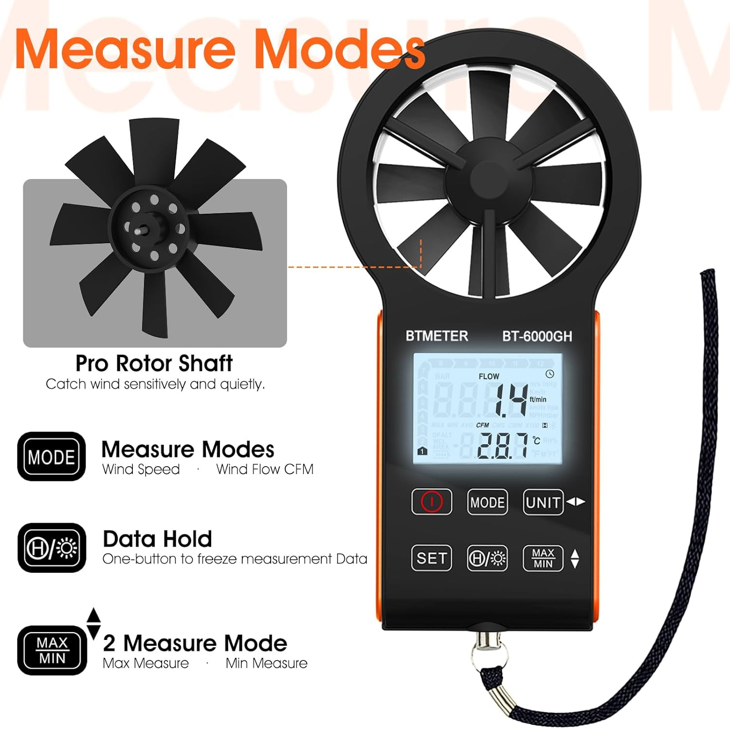 BTMETER Anemometer CFM Wind Meter, Air Flow Gauge Measure Wind Speed 0.3~30M/S, Monitor Airflow Volume 0-999900 Ft3/Min for HVAC Duct Air Vent, Touch-Screen Windometer 6000GH image number 6