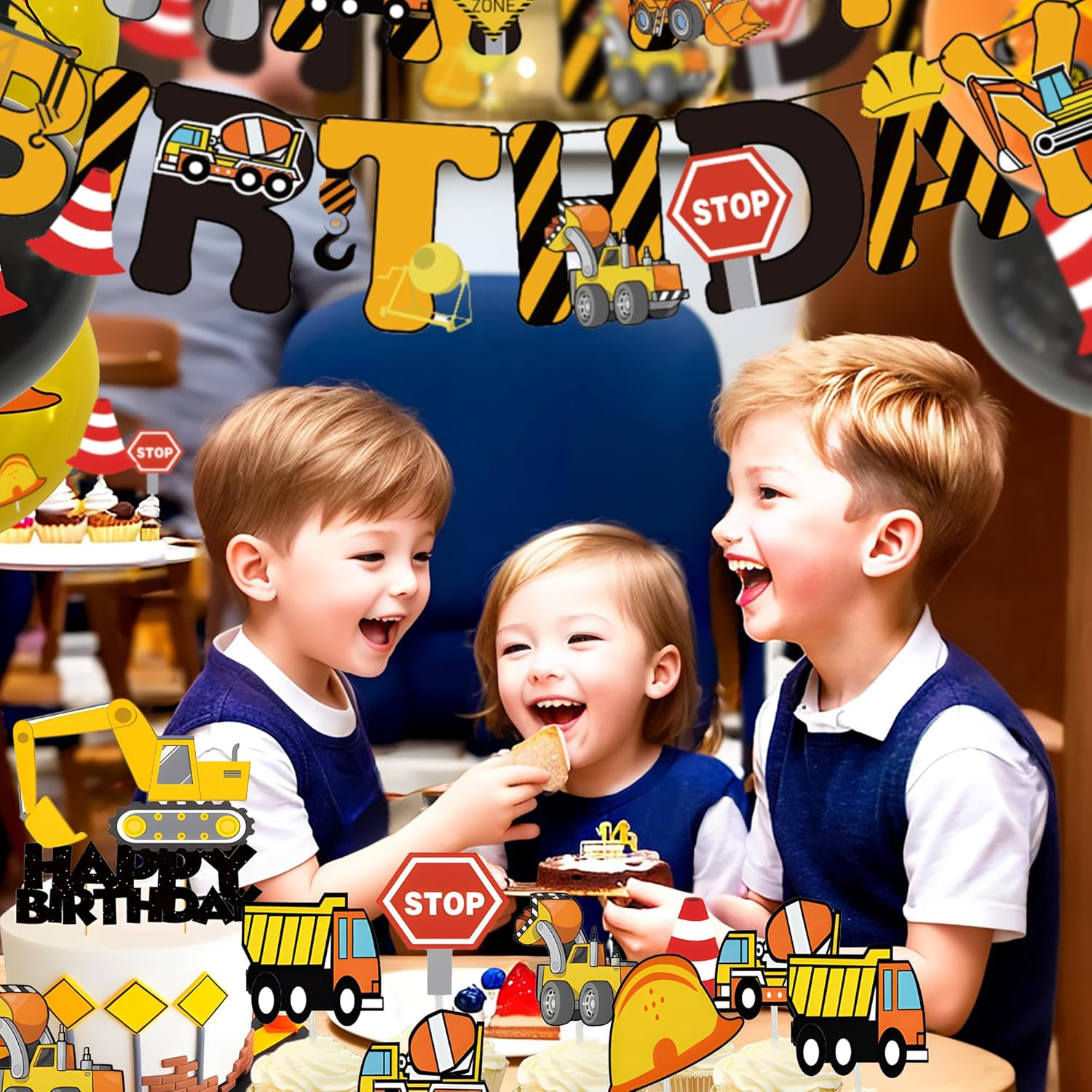 Birthday Party Decorations for Kids Construction Birthday Party Supplies Truck Car Themed Happy Birthday Banner Balloon Cake Topper for Toddler Boy Birthday Decorations Excavator Birthday Decoration