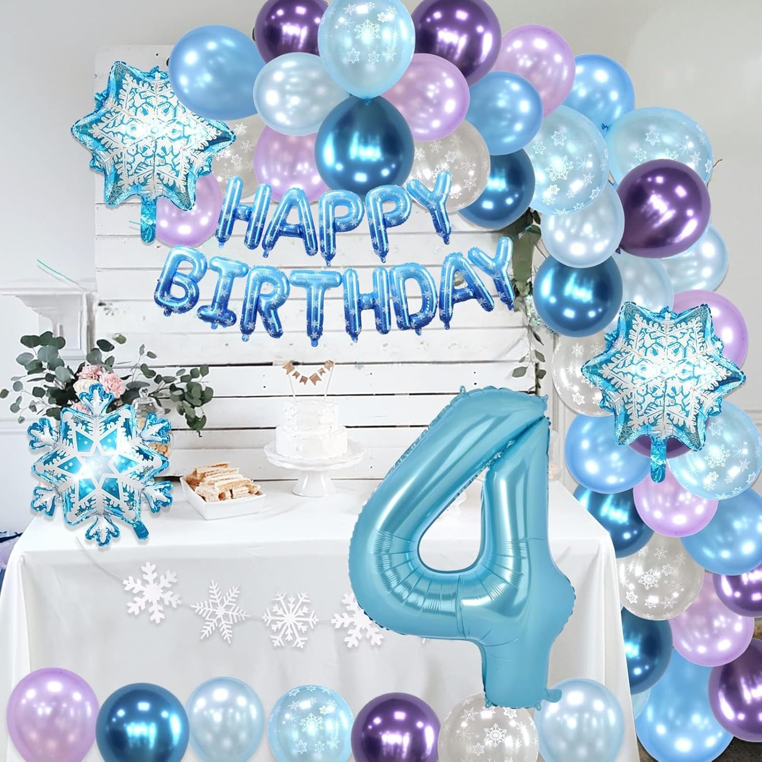 Huge Snow Birthday Decor Kit, Winter Wonderland Party Decorations with Snowflake Balloon Garland Arch HBD Banner, Number 40" Foil Balloon for Baby Girls Decorations (4) image number 3