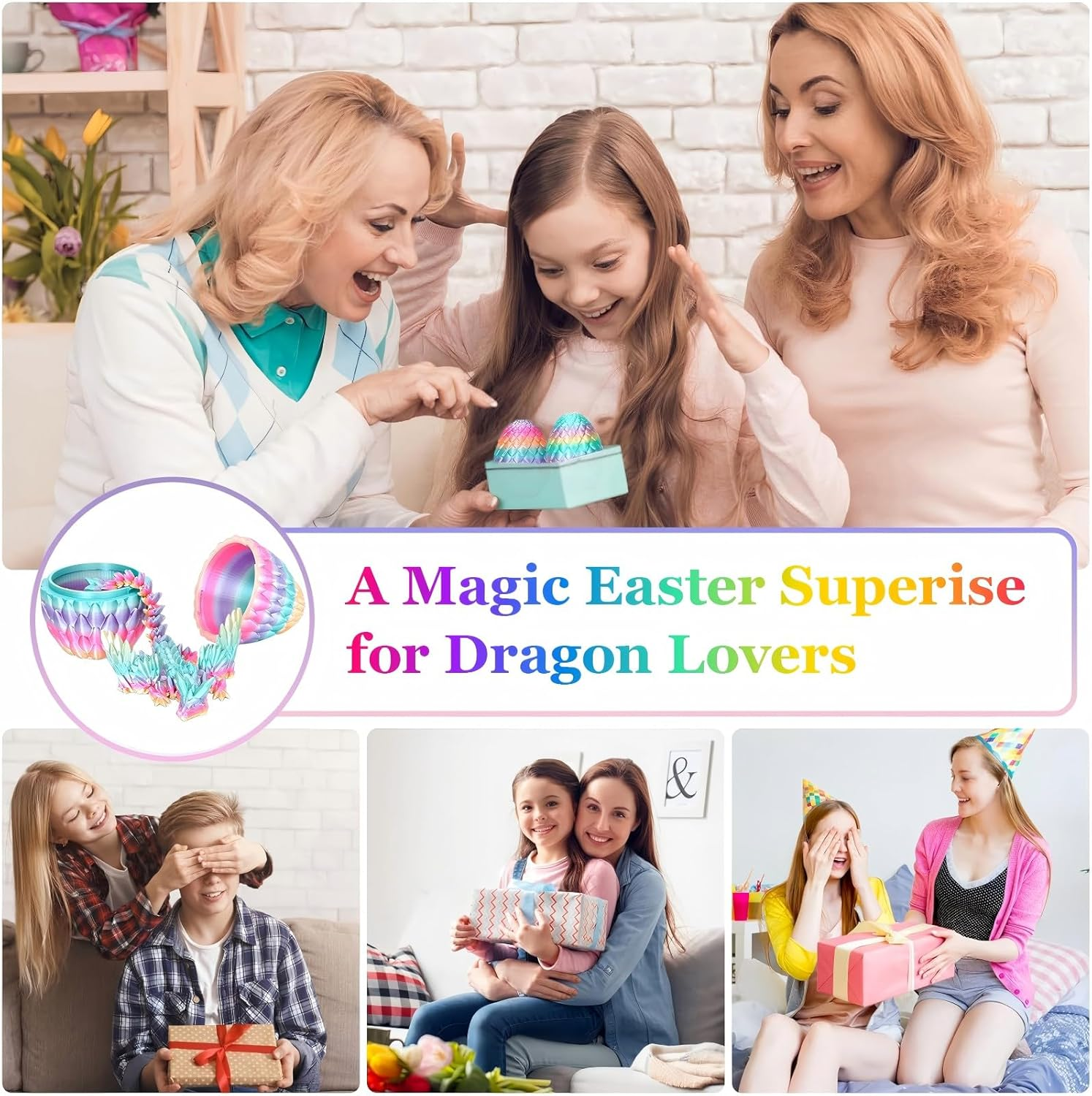 Flying Dragon Eggs, 3D Printed Easter Dragon Egg, Articulated Crystal Dragon Fidget Toy, Toys for Kids, Home Decor, Creative Ornaments, Birthday Gifts, Mystery Mythical Pieces Dragon (Rainbow Candy) - Rainbow Candy - Flying Dragon image number 2