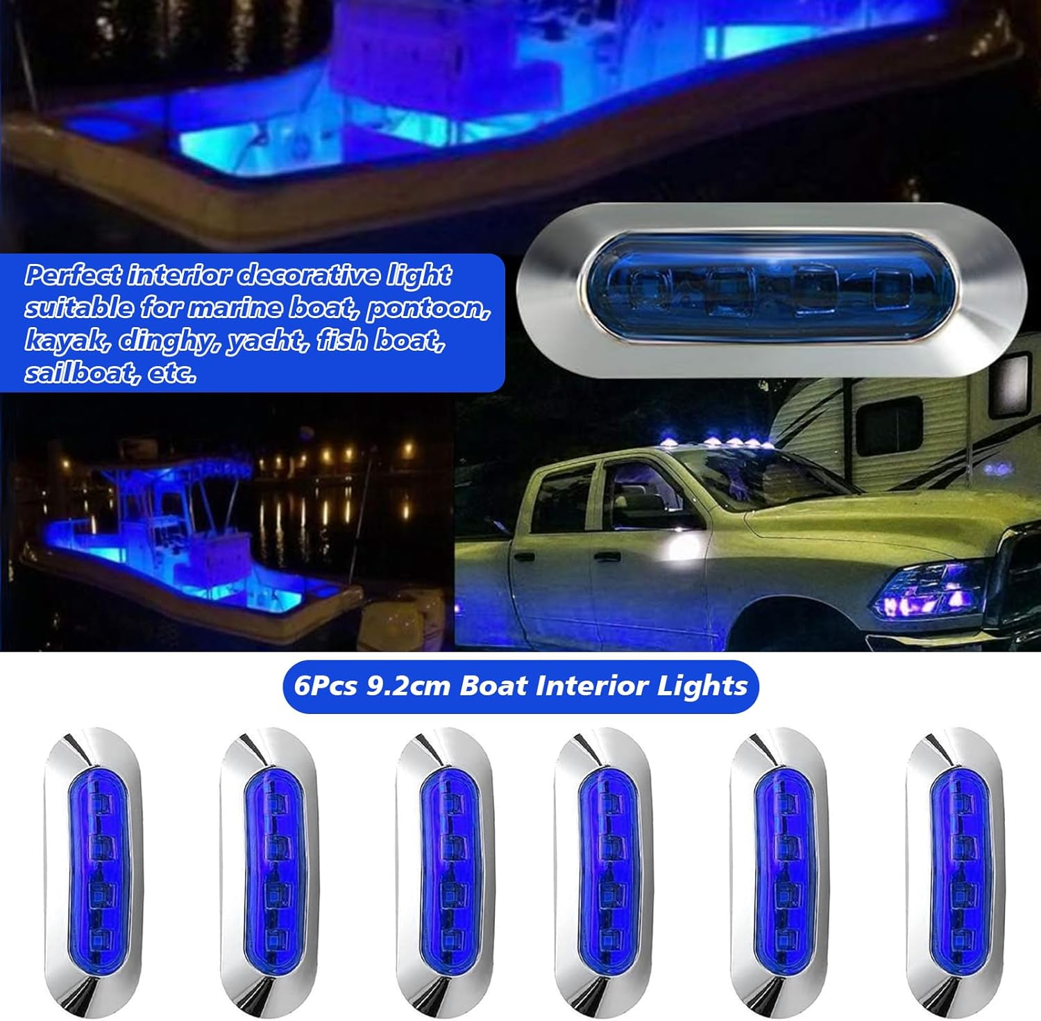 6Pcs 9.2Cm Boat Interior Lights, Waterproof LED Deck Courtesy Lights for Yacht, Pontoon, Sailboat, 12V24V Cockpit Light Also for Truck, RV, Exterior Modification, Durable Bright LED Lighting (Blue) image number 3
