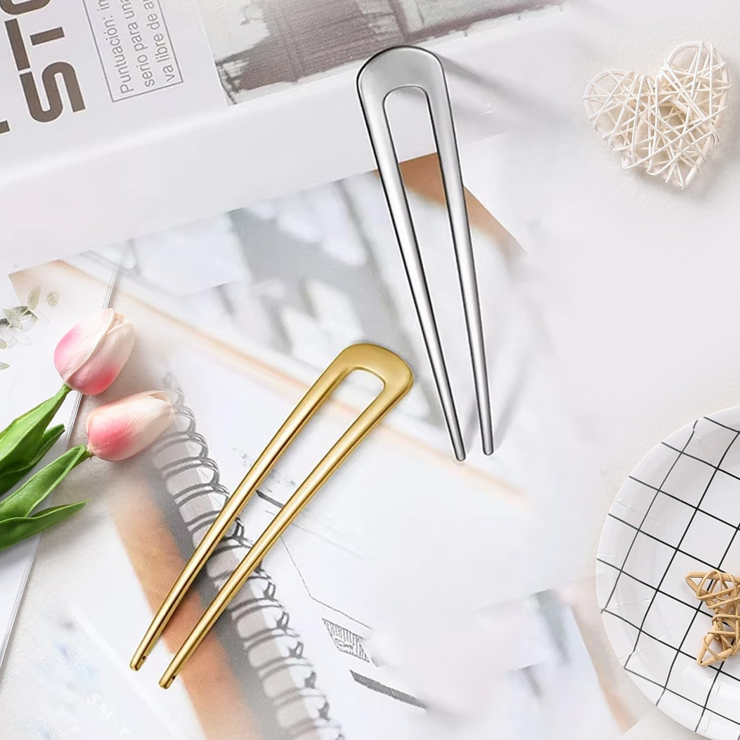 NECXON 2 Pcs Elegant Metal Hair Pins, U Shape Metal French Bun Hair Pins, Perfect for Any Occasion(Silver & Gold) image number 1