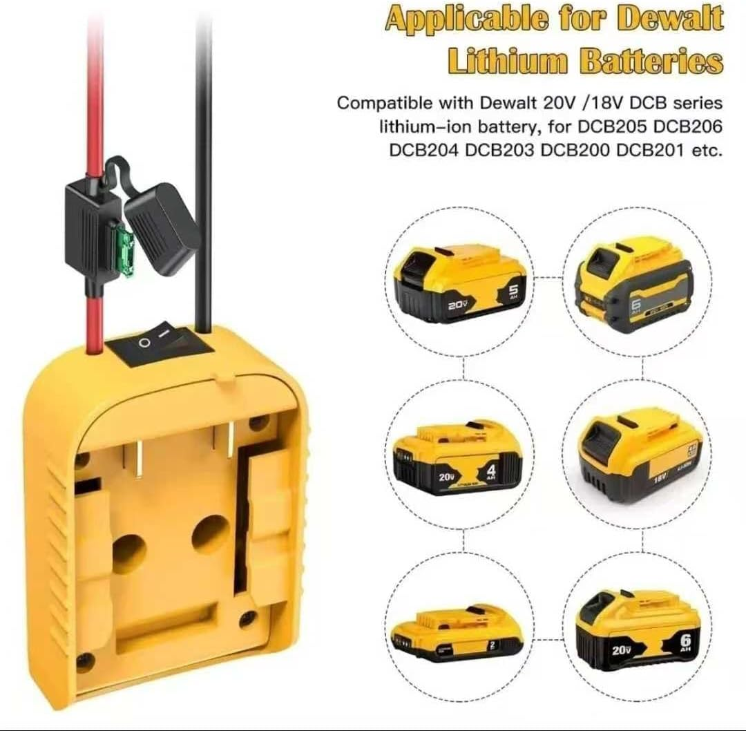 Power Wheels Adapter for Dewalt 20V MAX Battery with Switch & Fuse Protection 12AWG Wire, Inline Fuse Holder, 3&times;30A Fuses, Wire Connector Power for DIY RC Cars, Trucks and Toys DW