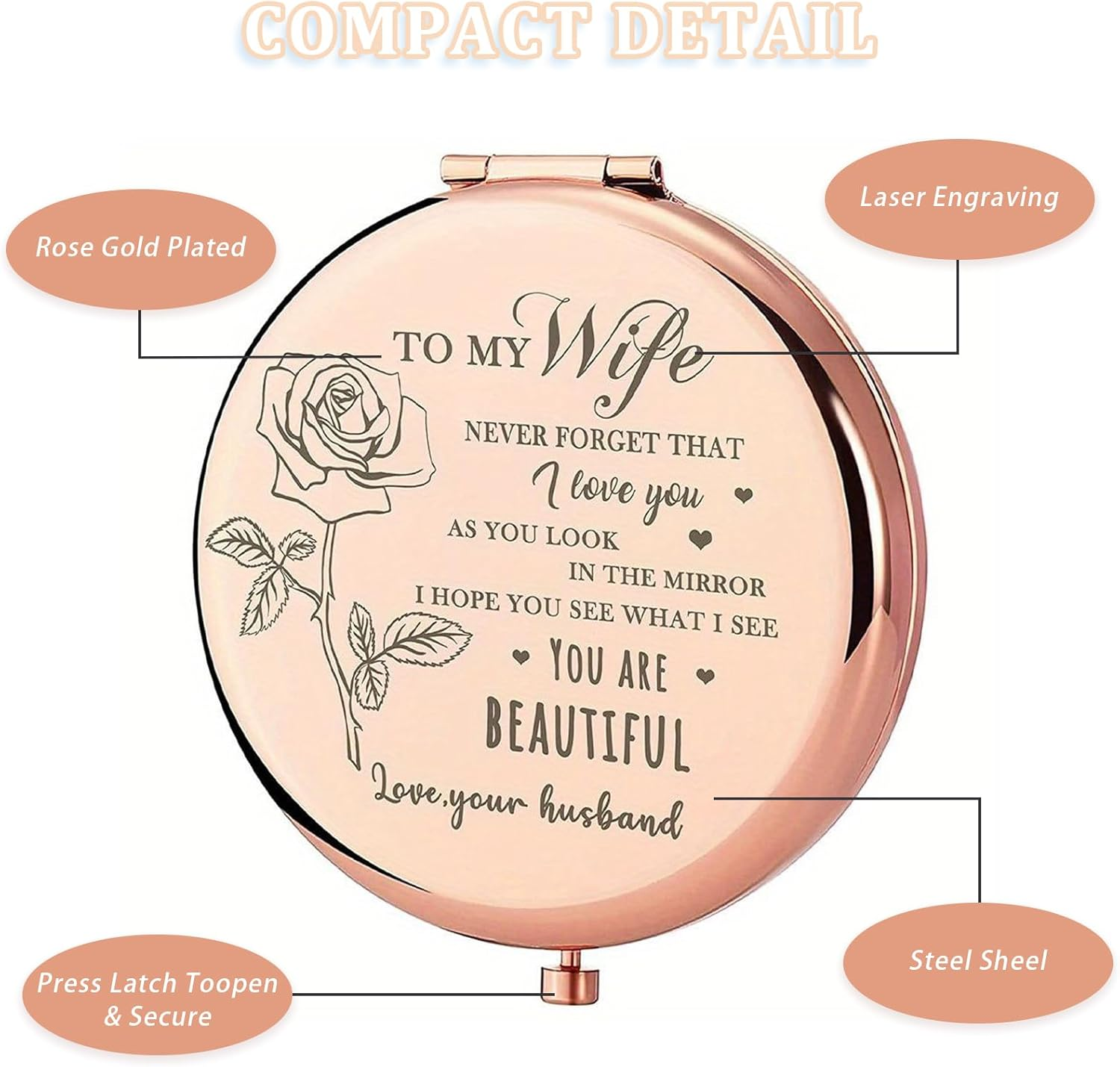 Checkzed Souvenir for Wife - Gold Compact Mirror, Romantic Souvenir for Your Lover, Birthday, Valentines Day, Mothers Day, Travel Makeup Mirror, Unique Souvenirw for Her (For Wife)