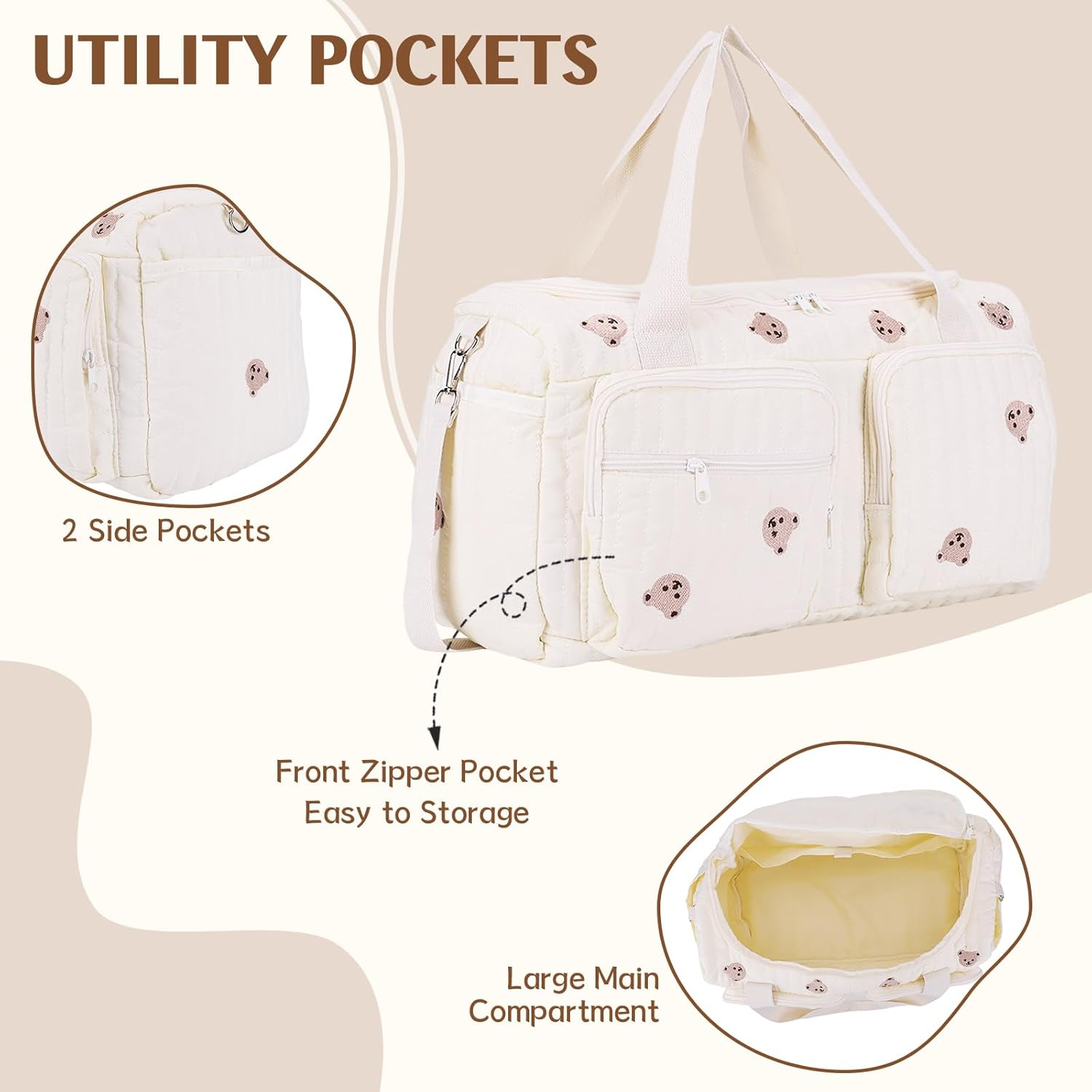 Floral Quilted Duffle Bag for Women Cotton Coquette Bag Large Floral Travel Duffle Weekend Bag with Adjustable Carry Strap - White image number 3
