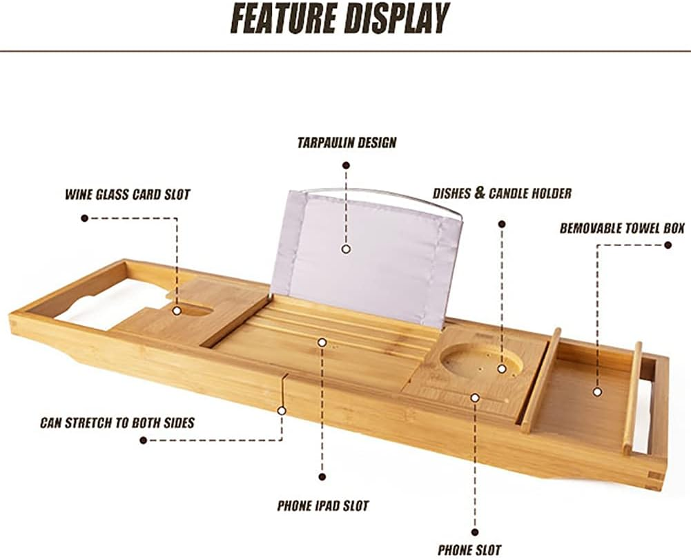 100% Natural Bamboo Bath Caddy Bridge &ndash; Extendable Bath Caddy Tray for Tub with ​Wine Glass Holder, Tablet, Kindle image number 3