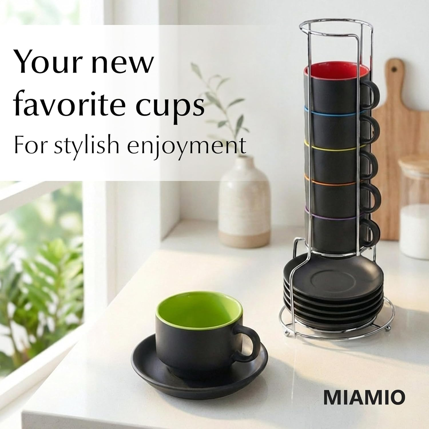 MIAMIO - 75 Ml Espresso Cup Set with Saucers Coffee Mug Set of 6 - Ceramic Coffee Mug Stackable Espresso Mug with Stand for Coffee Drinks, Latte, Cafe Mocha - Le Papillon Collection (Colorful) - Colorful image number 6