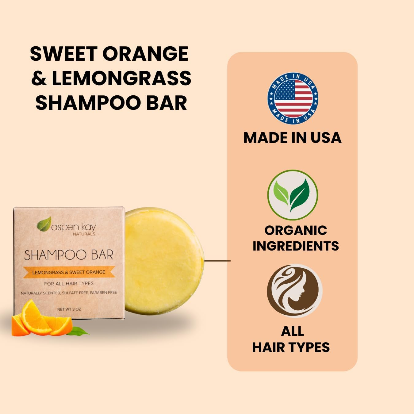 Aspen Kay Naturals Moroccan Argan Oil Shampoo Bar, Organic, Vegan, Volumizing Shampoo for Curly or Straight Hair. Citrus Scent, Paraben & Sulfate Free, Made in USA - 3 Oz.