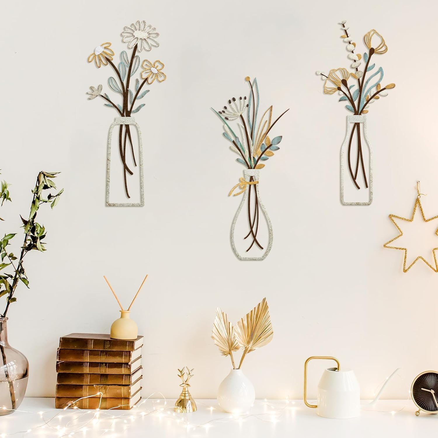 3 Pack Metal Flower Wall Art - Minimalist Beige Farmhouse Decor for Living Room, Bedroom, Bathroom & Dining Room | Housewarming Gift - Black image number 3