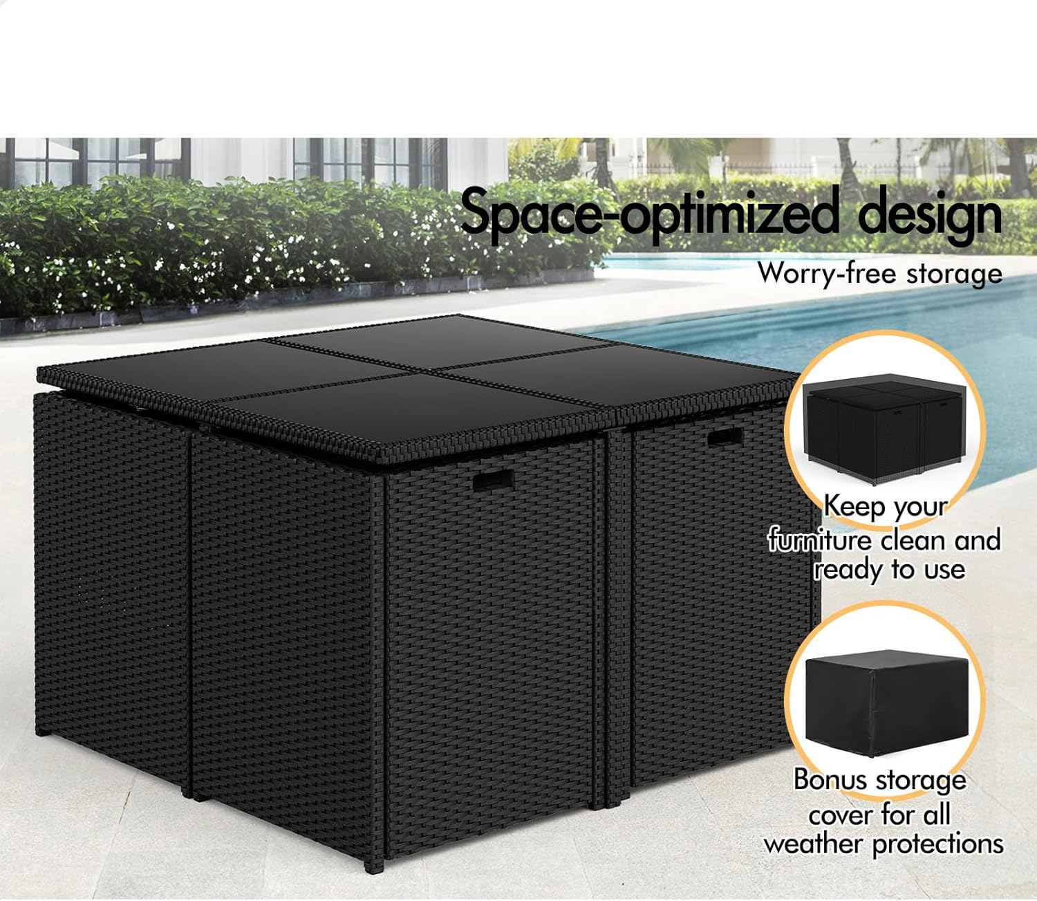 ALFORDSON 9Pcs Outdoor Dining Set Patio Furniture Garden Armchair, PE Wicker Rattan Lounge Chair and Glass Top Table with Steel Frame & Cushions, Uv-Resistant Conversation Sofa Set with Storage Cover image number 6