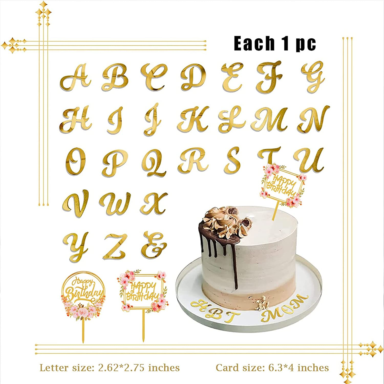 Happy Birthday Cake Toppers,Cake Decorations DIY Personalized Name,A-Z Letter Mirrored Gold Cake Decorating with Happy Birthday Plugin(29Pcs) for Party,Wedding,Baby Shower image number 2