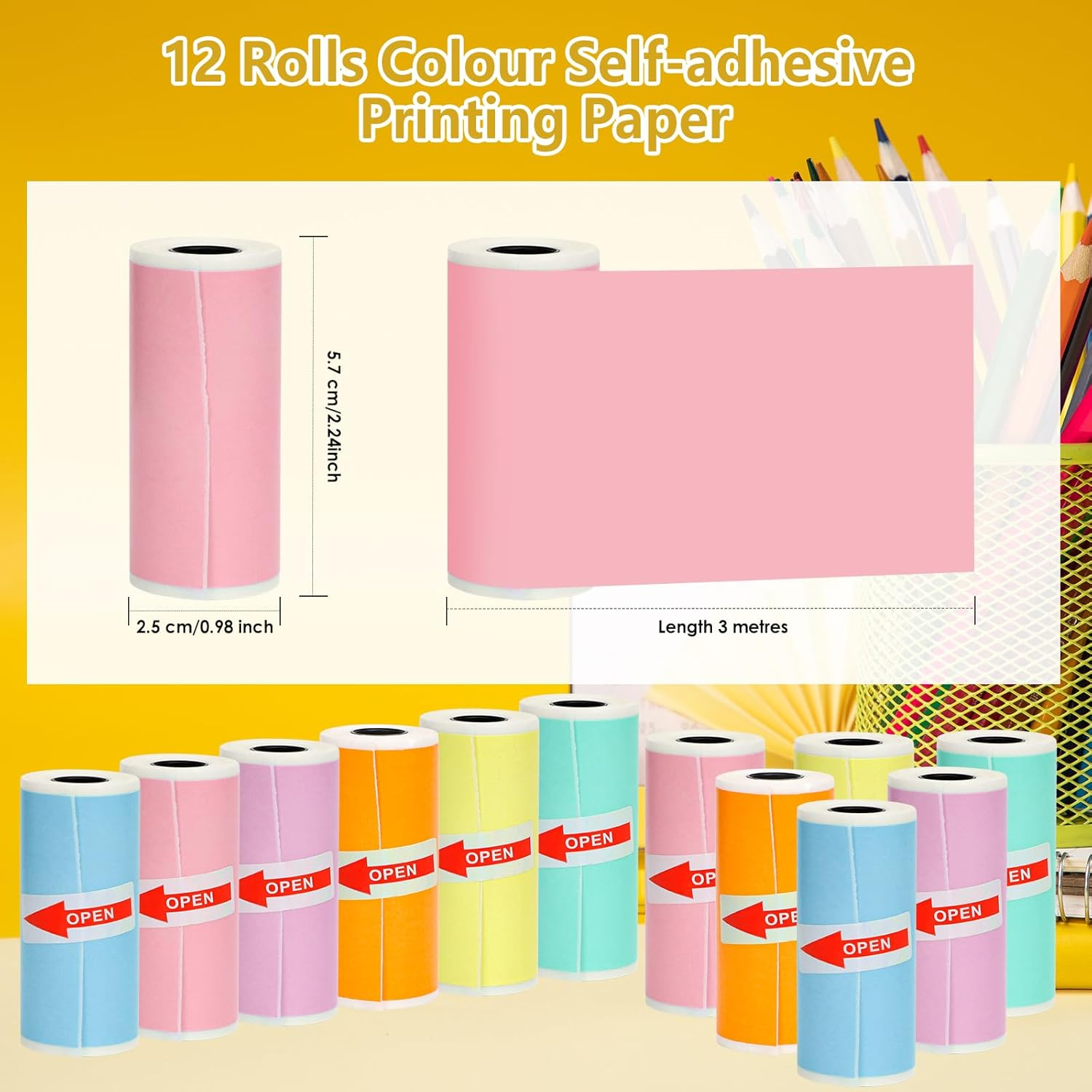 12 Rolls Thermal Sticker Paper for Mini Printer,Self-Adhesive Paper 57 * 25Mm,Colored HD Clear Printing Paper for Pocket Inkless Portable Bluetooth Printer to Print Photo,Note,Study,Diy