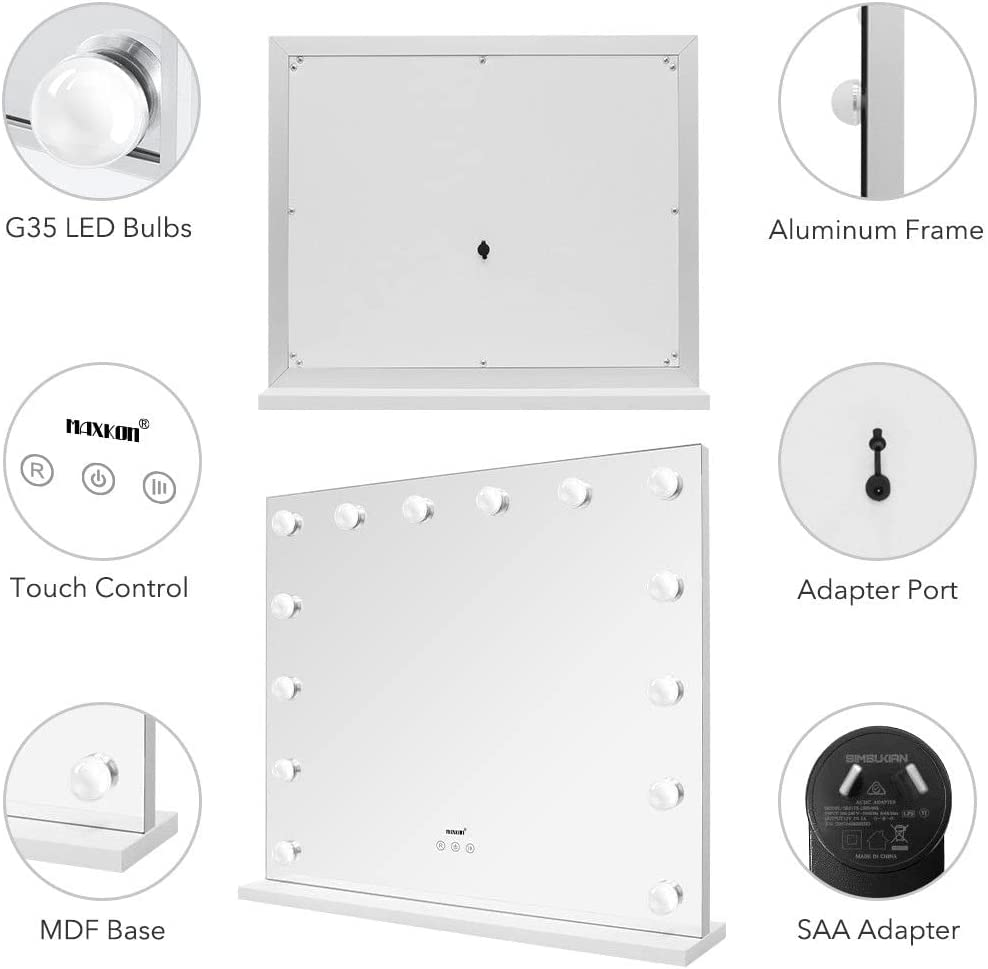 Maxkon Hollywood Mirror 14 LED Light Makeup Mirror Large Dressing Cosmetic Vanity Mirror with Touch Screen Aluminium Frame 65X55Cm image number 6