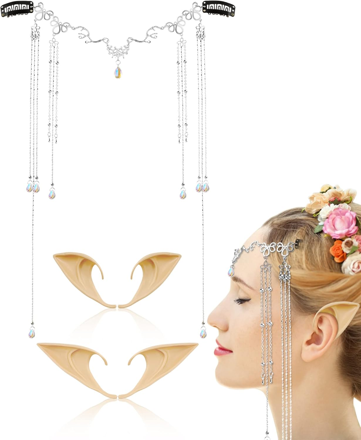 Elf Ears with Headpiece Set-2 Pairs Short and Long Latex Ears and Tassel Headpiece Fairy Chain Kit Fairy Hair Accessories Cosplay Props for Halloween Masquerade, Silver, Medium image number 6